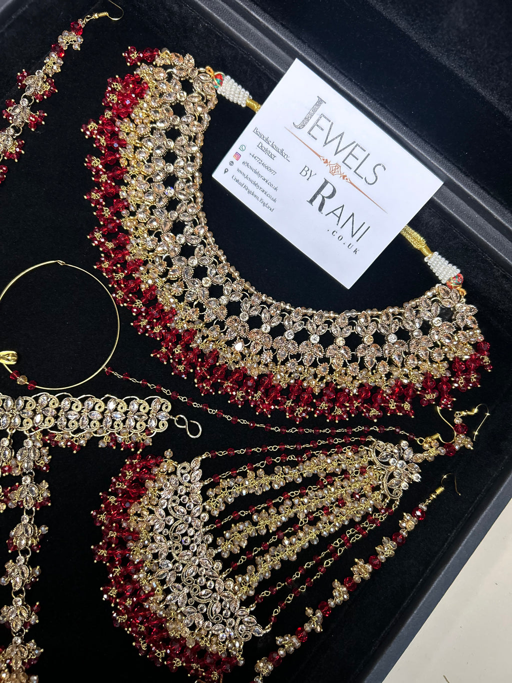PRE ORDER: 6 Week Making time- Beautiful Deep Red & Gold 22 crt Gold Plated Bridal Jewellery Set + hand piece
