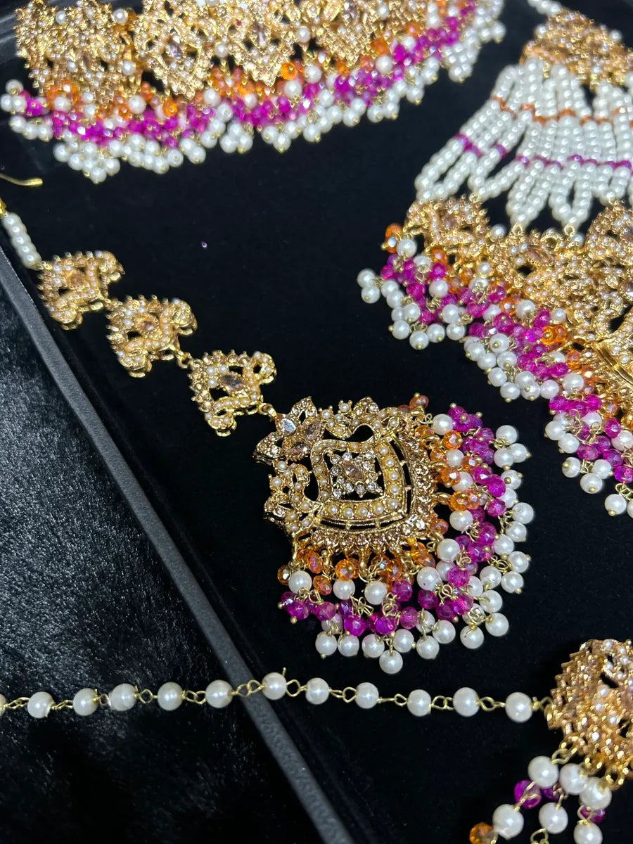 Multi Choker Orange & Hot Pink coloured necklace set, with heavily beaded Jhumkies & tikka - Jewelsbyrani