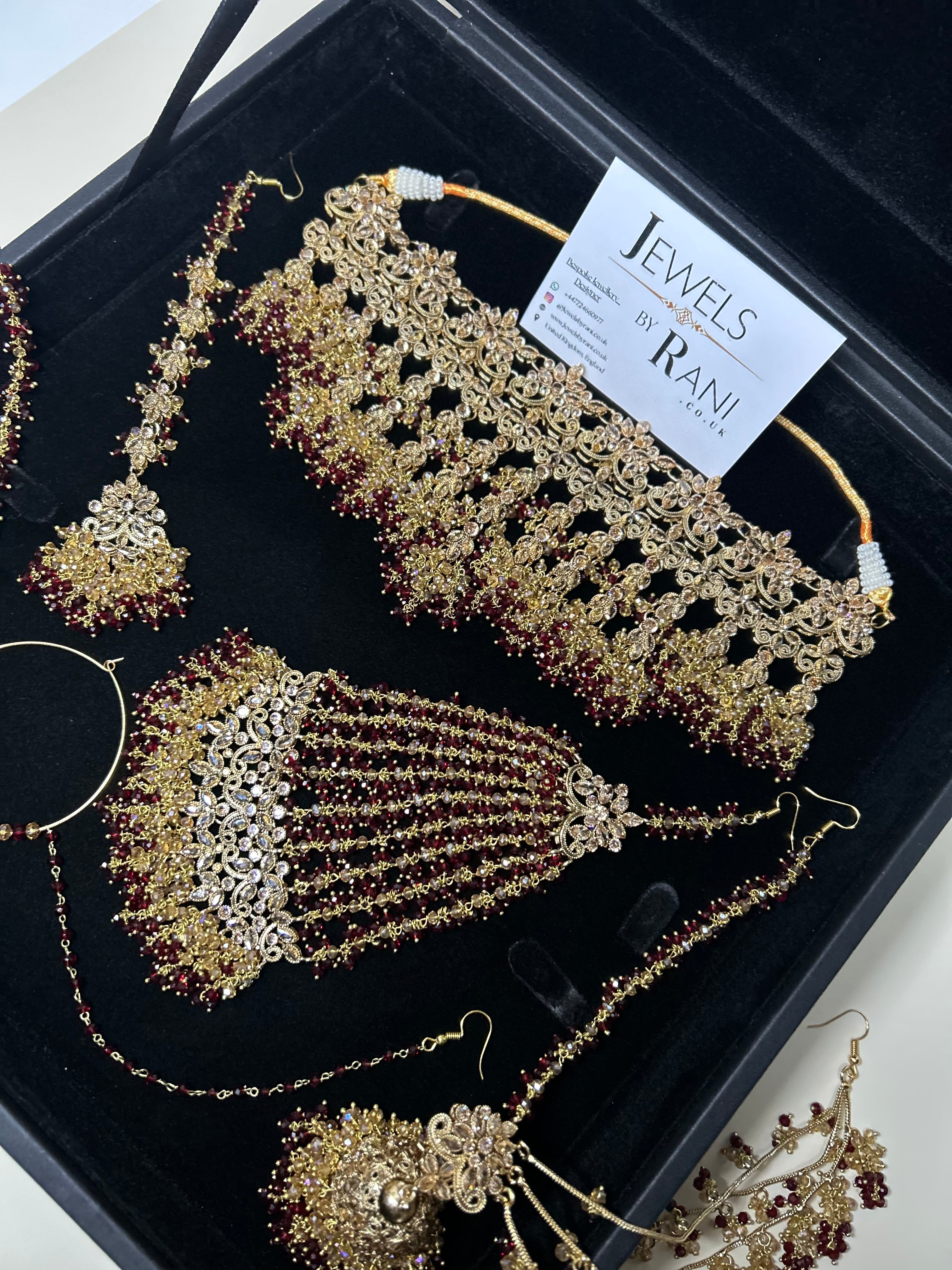 PRE ORDER: 6 Week Making time- Beautiful Maroon & Gold Dangle Necklace  22crt Gold Plated Bridal Jewellery Set