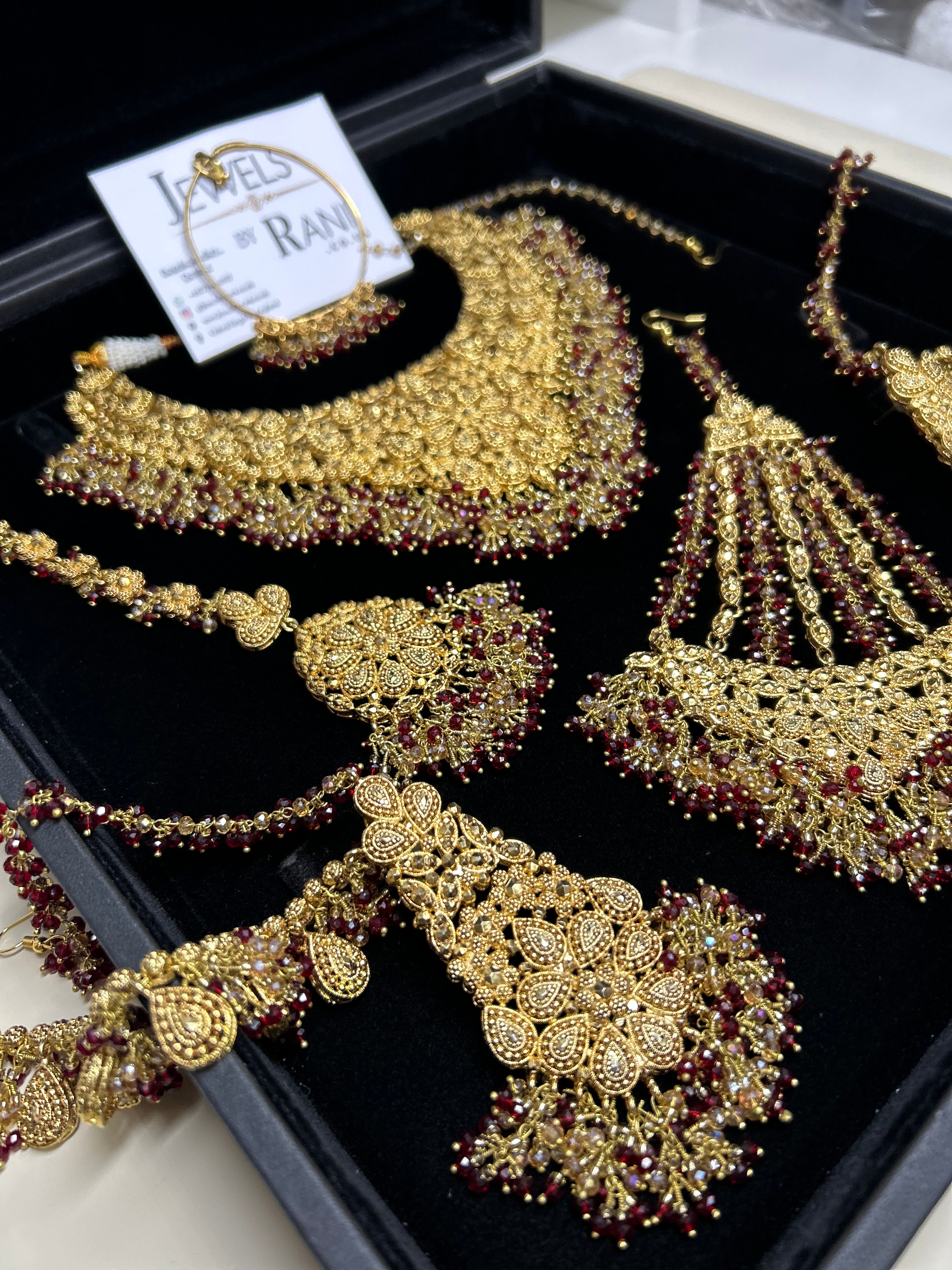 PRE ORDER: 6 Week Making time- Beautiful Maroon & Gold 22crt Gold Plated Bridal Jewellery Set (flat necklace)
