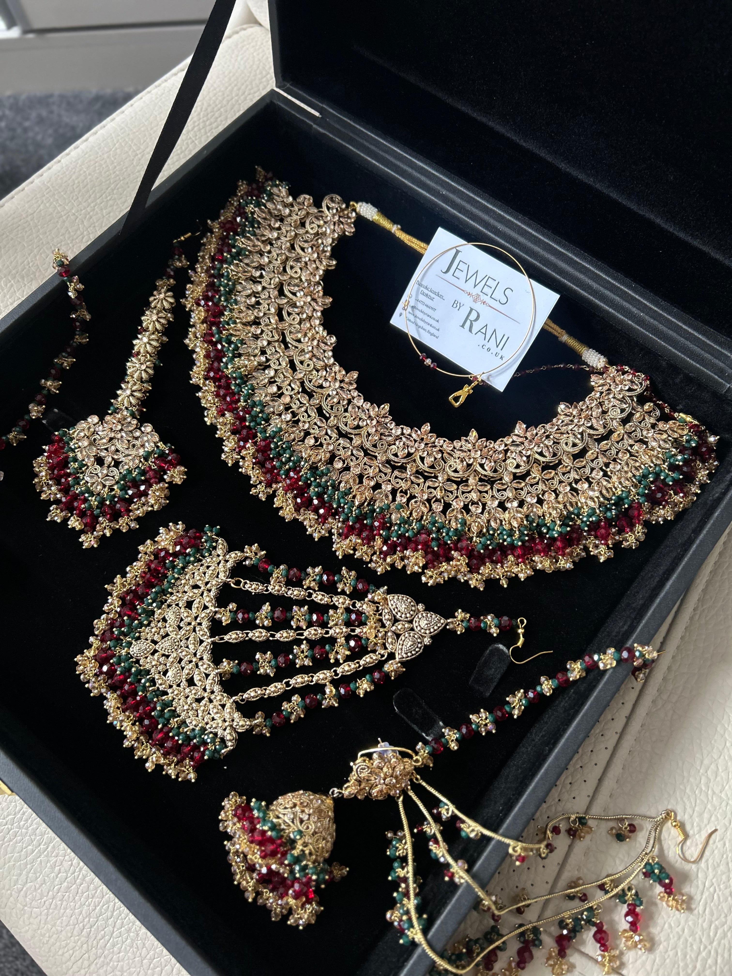 Pre order 6 Weeks - Stunning Detailed Green and Maroon Bridal Jewellery Set Larger Necklace