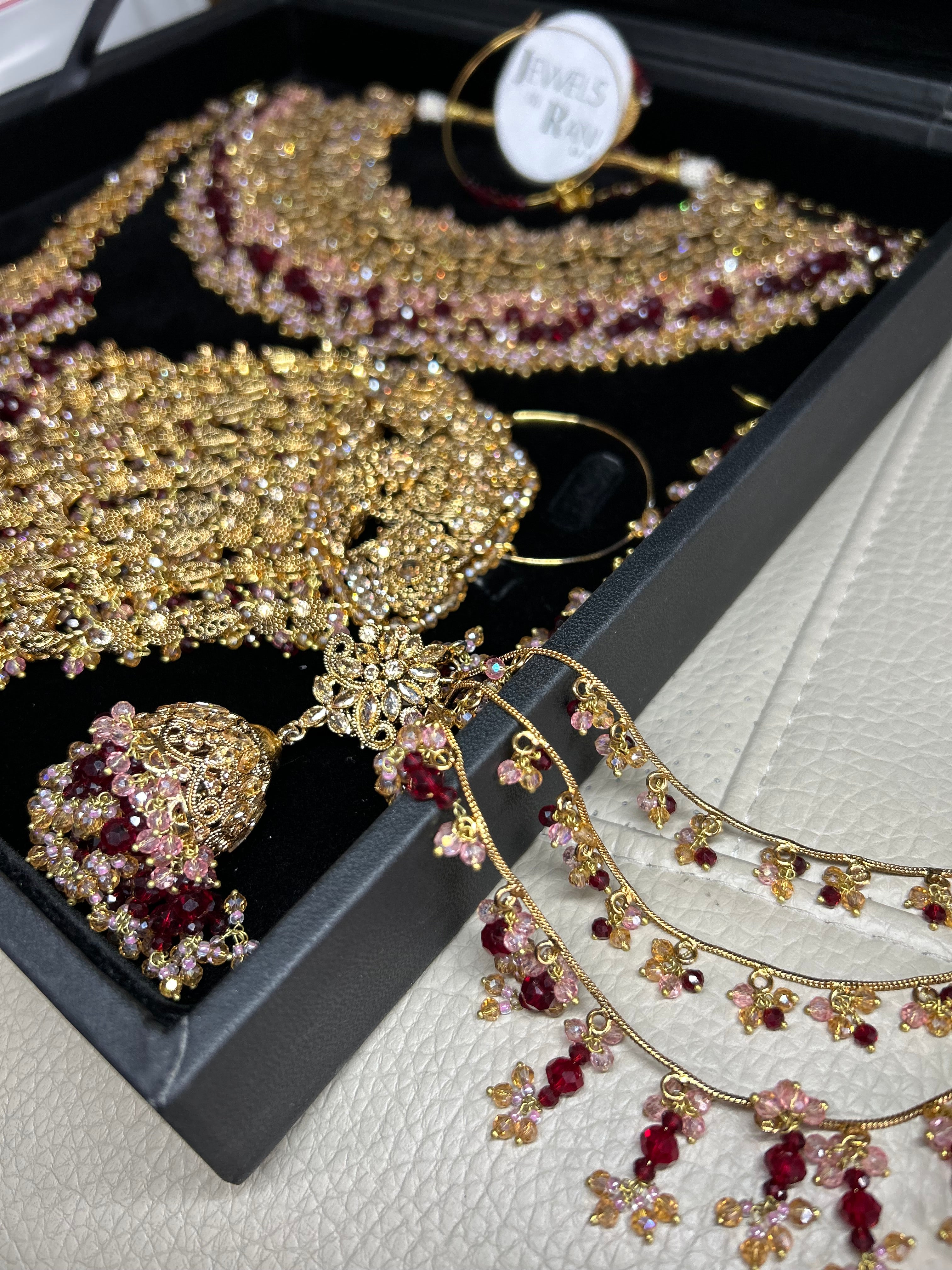 Pre order 6 Weeks - Stunning Detailed Maroon and Pink Bridal Jewellery Set - Jewelsbyrani