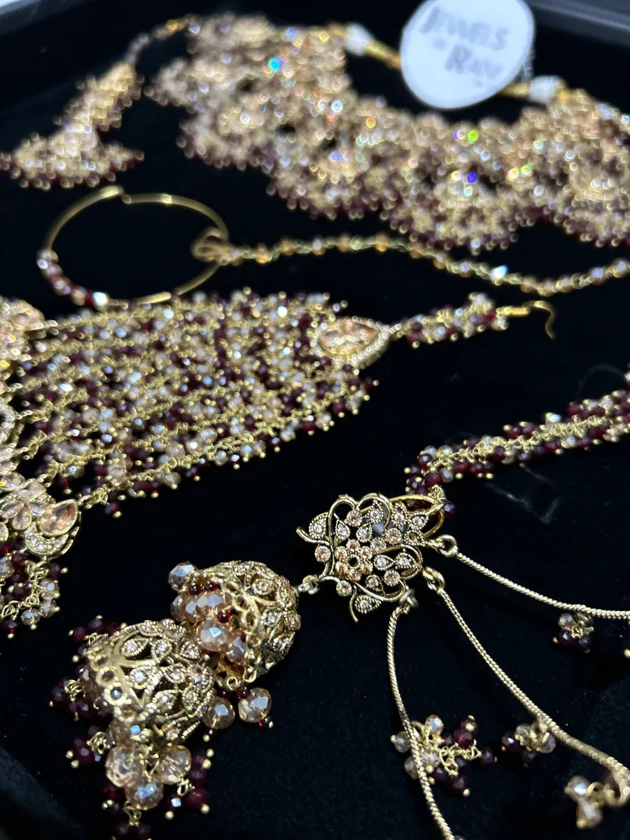 Stunning Maroon and Gold beading - 24 crt Gold Plated Bridal Jewellery Set - Jewelsbyrani
