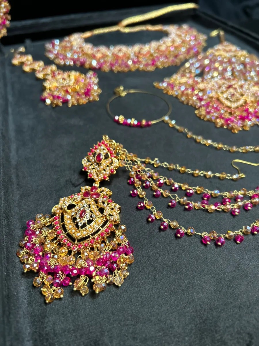 Beautiful Hot Pink & Gold Bridal Necklace Mehndi Set - Jewelsbyrani
