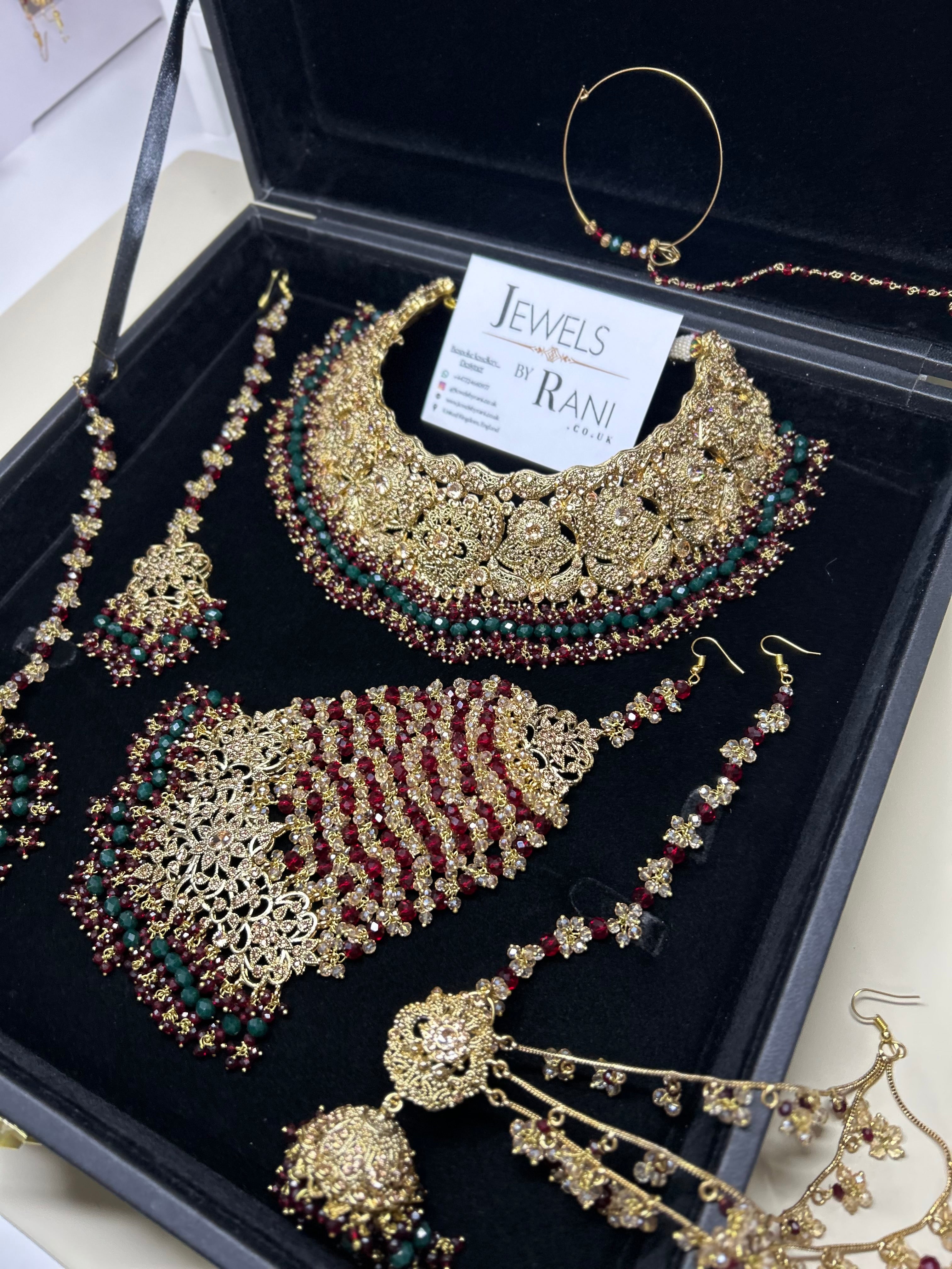 Pre order 6 Weeks - Stunning Green and Maroon Bridal Jewellery Set