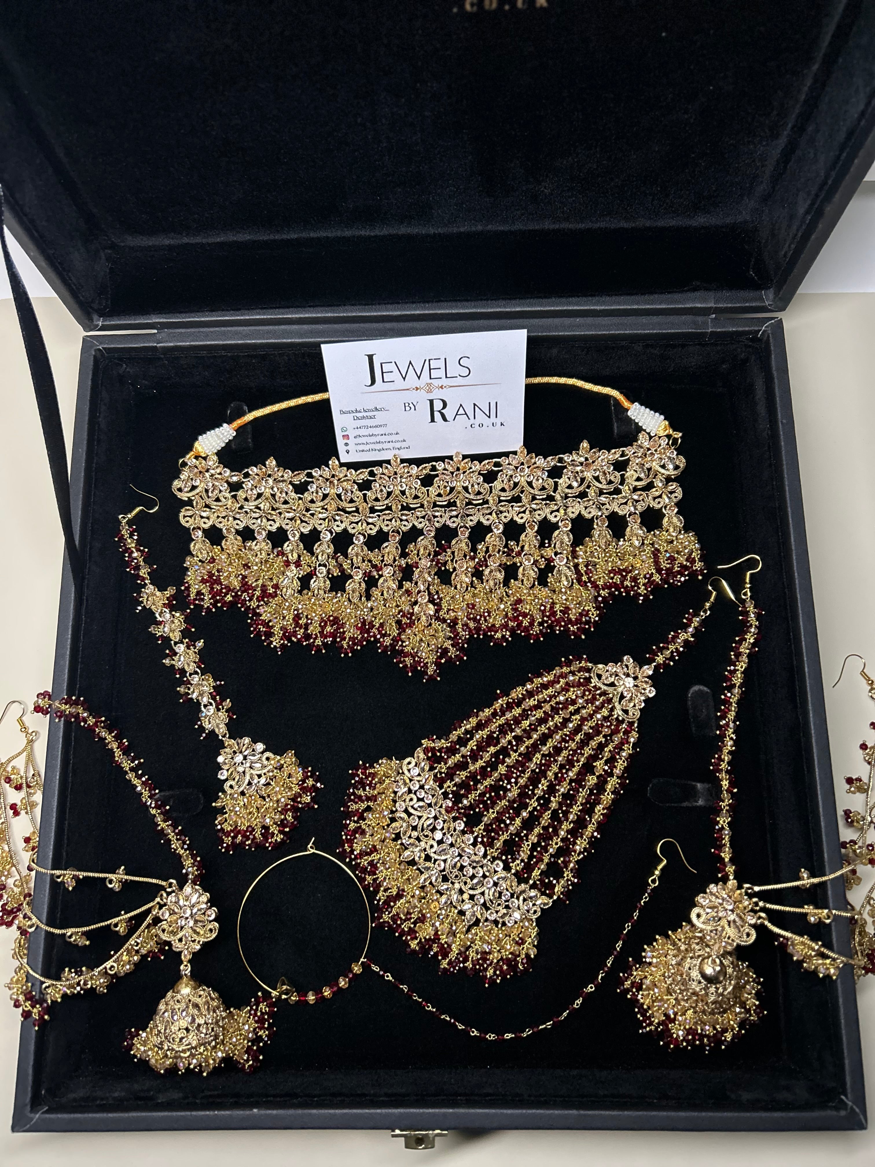 PRE ORDER: 6 Week Making time- Beautiful Maroon & Gold Dangle Necklace  22crt Gold Plated Bridal Jewellery Set