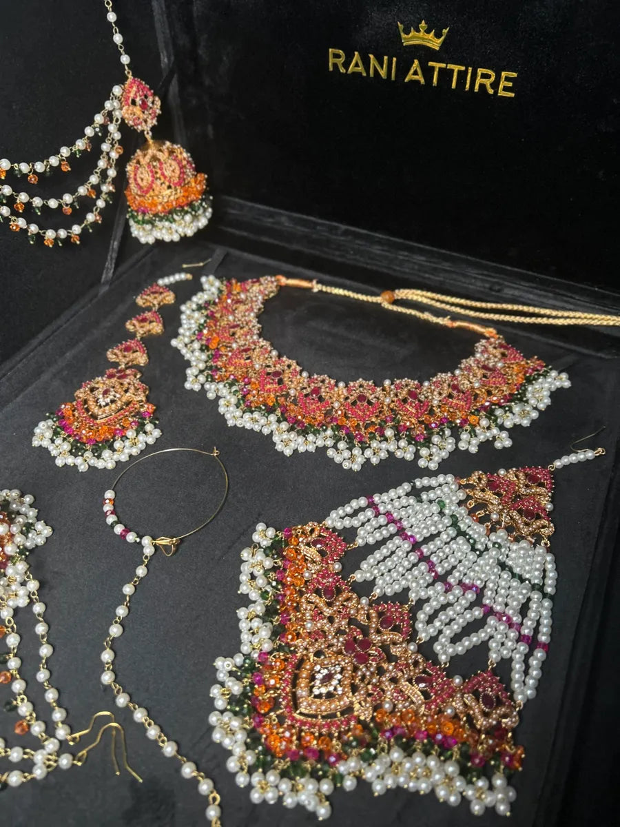 Multi White, Green, Orange & Hot Pink coloured necklace set, with heavily beaded Jhumkies & tikka | Gold Stones - Jewelsbyrani