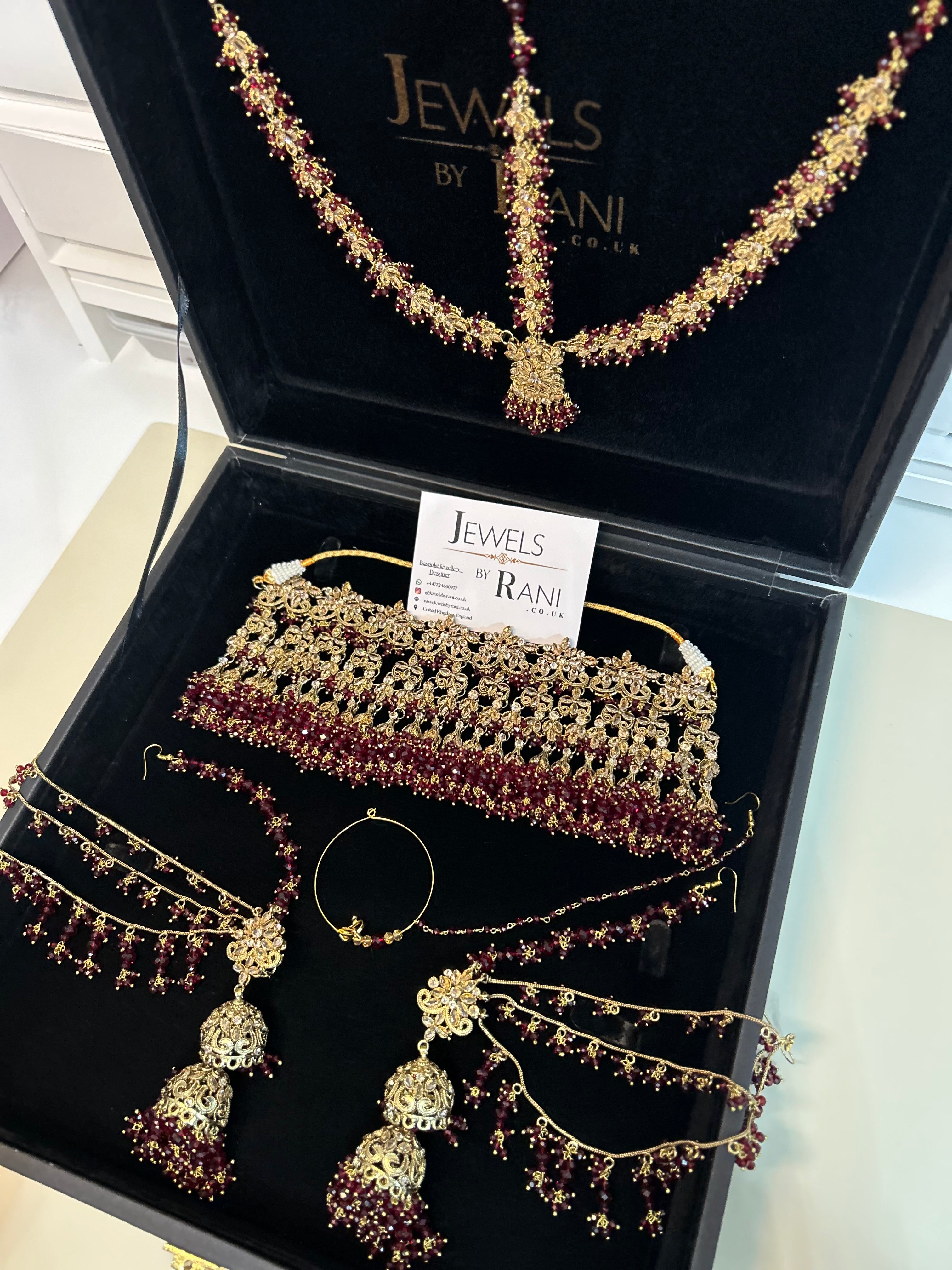 Pre Order 6 Weeks- 22crt Gold Plated Maroon Matha Patti Bridal Jewellery Set With Choker