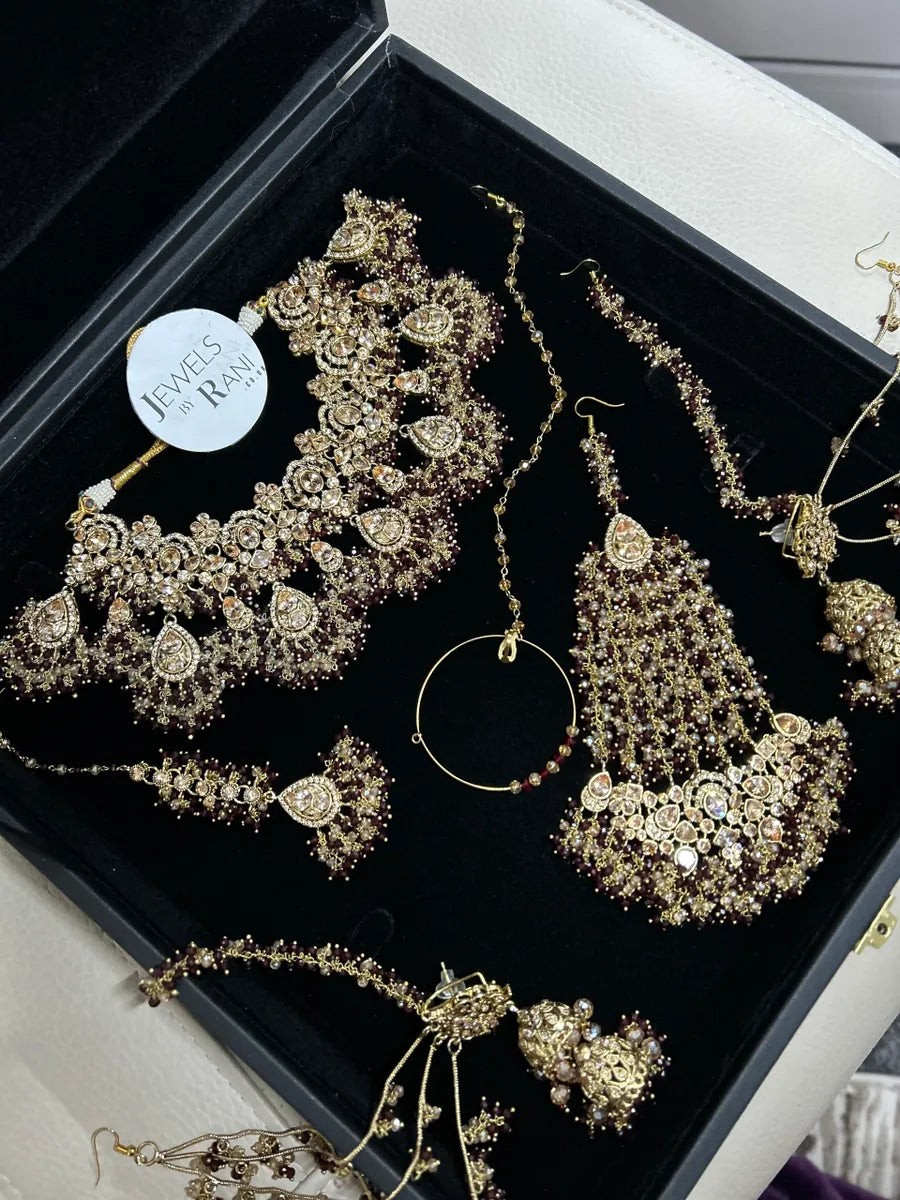 Stunning Maroon and Gold beading - 24 crt Gold Plated Bridal Jewellery Set - Jewelsbyrani