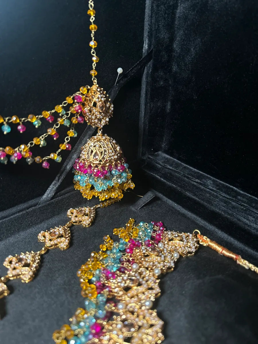 Mustard, Light Blue & Hot Pink coloured necklace set, with heavily beaded Jhumkies & tikka | Gold Stones