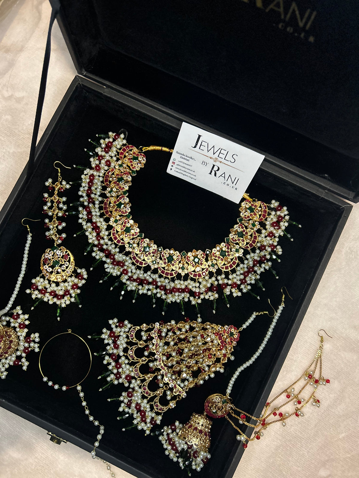 Beautiful Dark Red, Green Drop Crystal and White Kundan Full Bridal Jewellery Set/ Style 17304