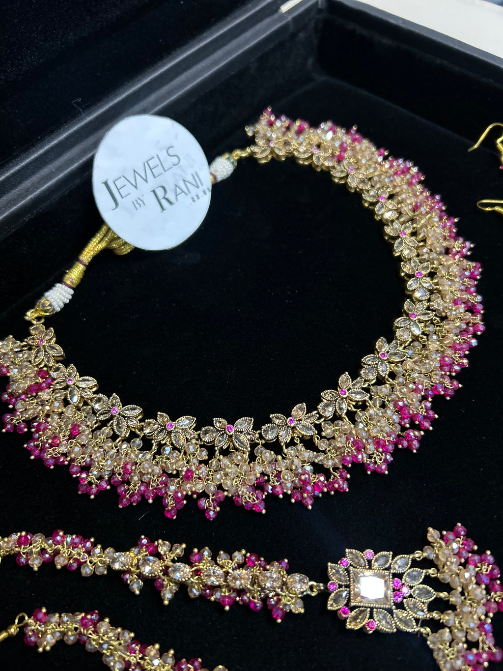 Beautiful Hot Pink and Gold Bridal Jewellery Set 22crt Gold Plated