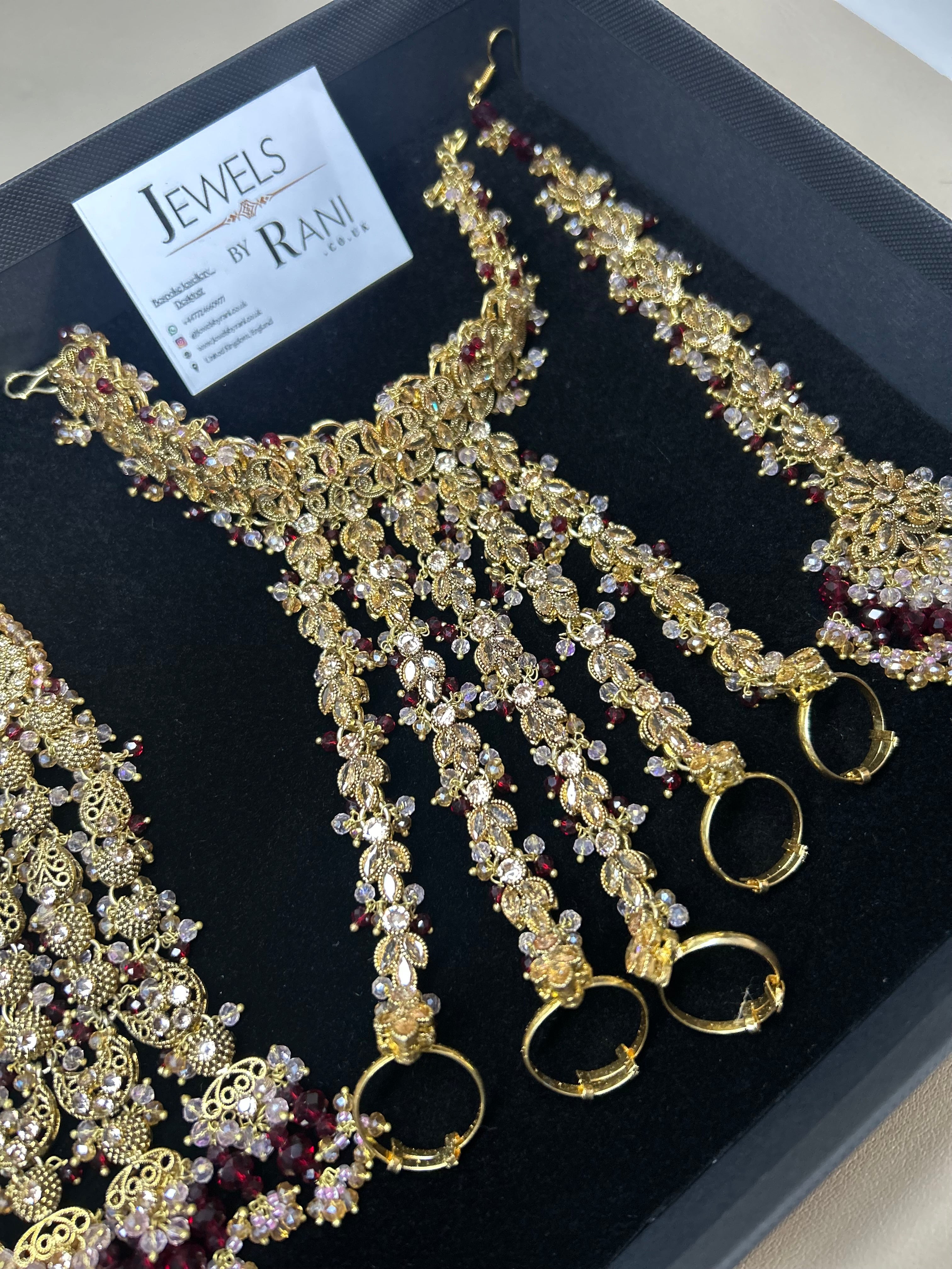 Pre Order 6 Weeks: 22crt Gold Plated Hand Piece, Jhumar & Tikka