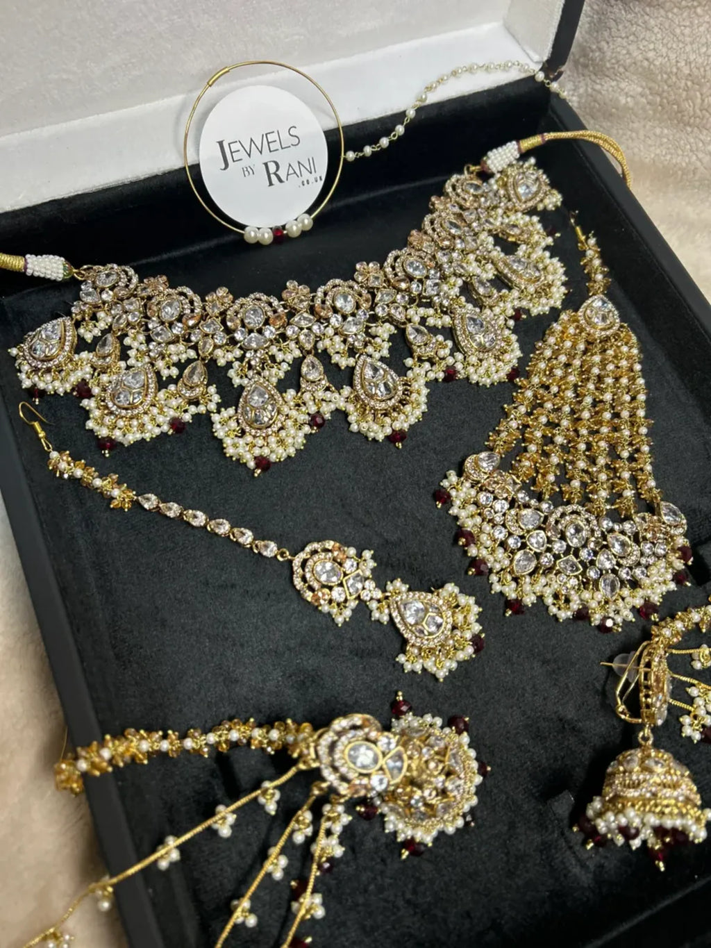 Beautiful Maroon, Pearly White & Gold 22 crt Gold Plated Bridal Jewellery Set