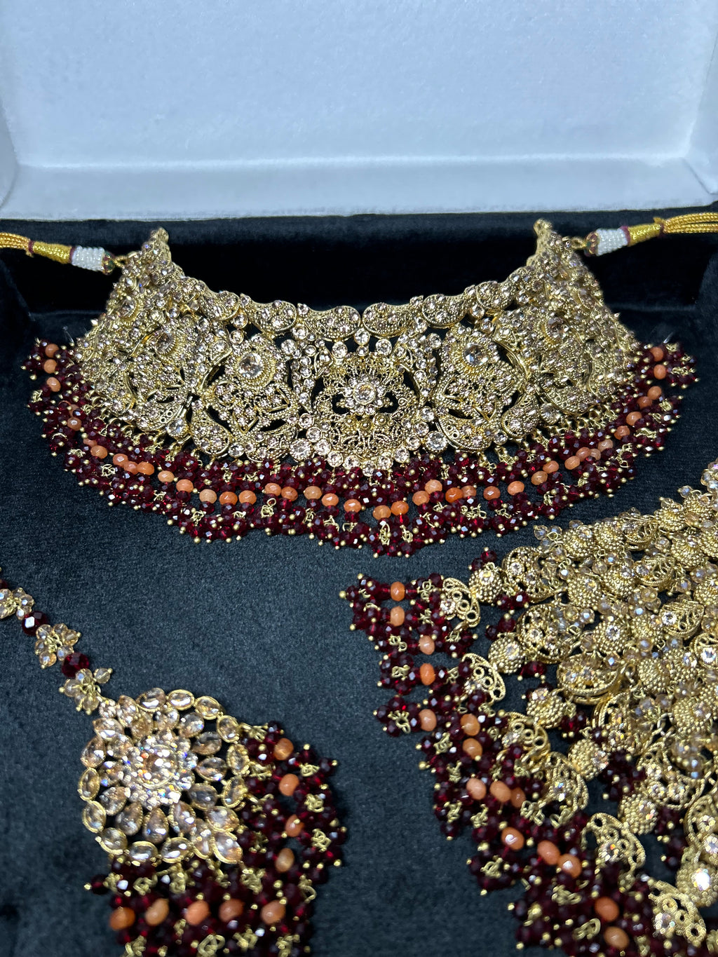 Pre order - 22 crt Gold Plated - Beautiful Maroon and Burnt Orange  Pakistani Bridal Jewellery Set