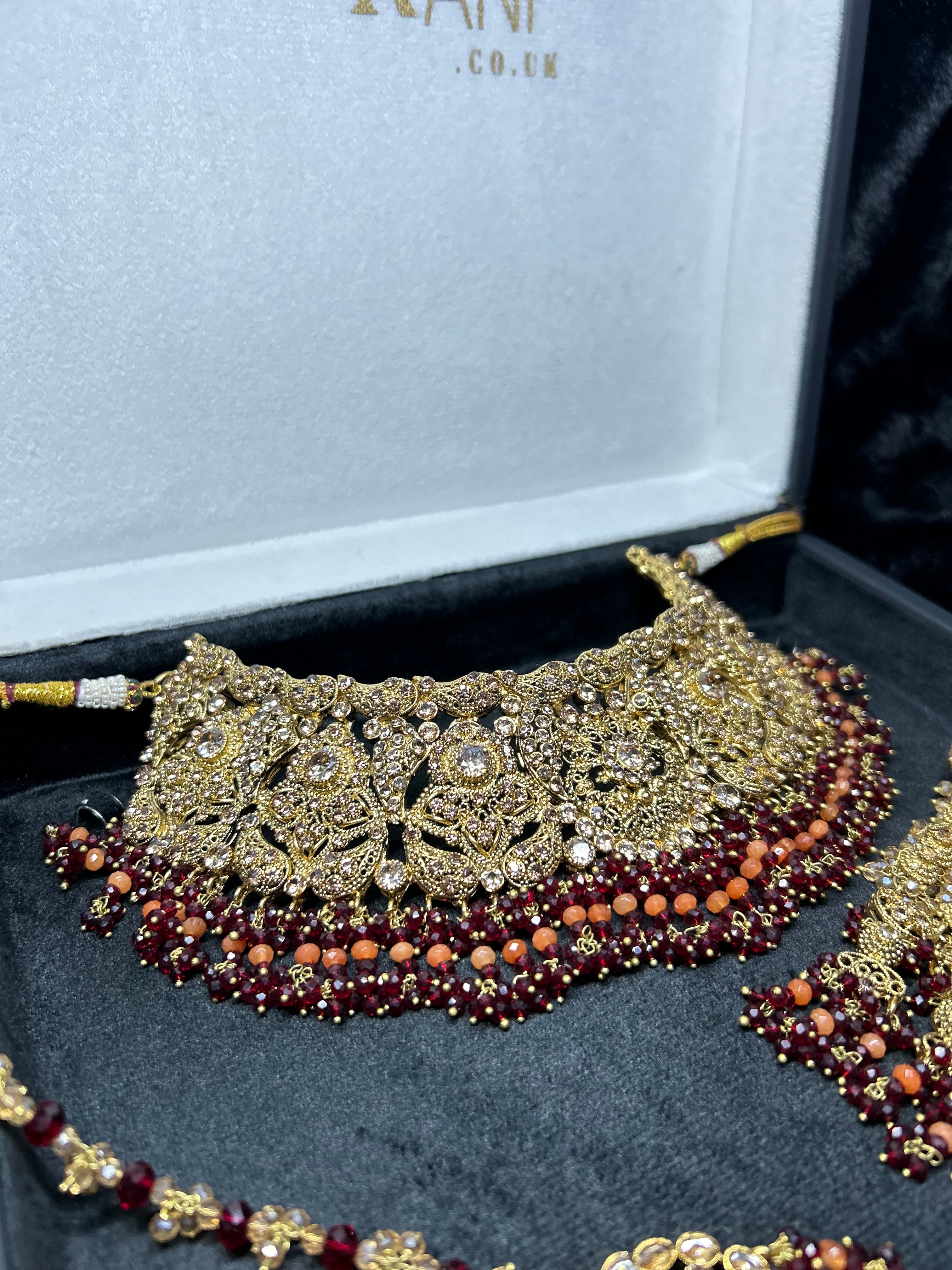 Pre order - 22 crt Gold Plated - Beautiful Maroon and Burnt Orange  Pakistani Bridal Jewellery Set