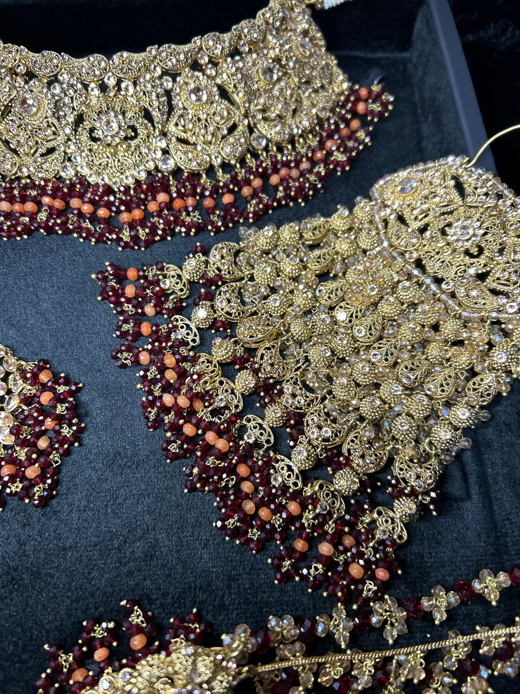 Pre order - 22 crt Gold Plated - Beautiful Maroon and Burnt Orange  Pakistani Bridal Jewellery Set