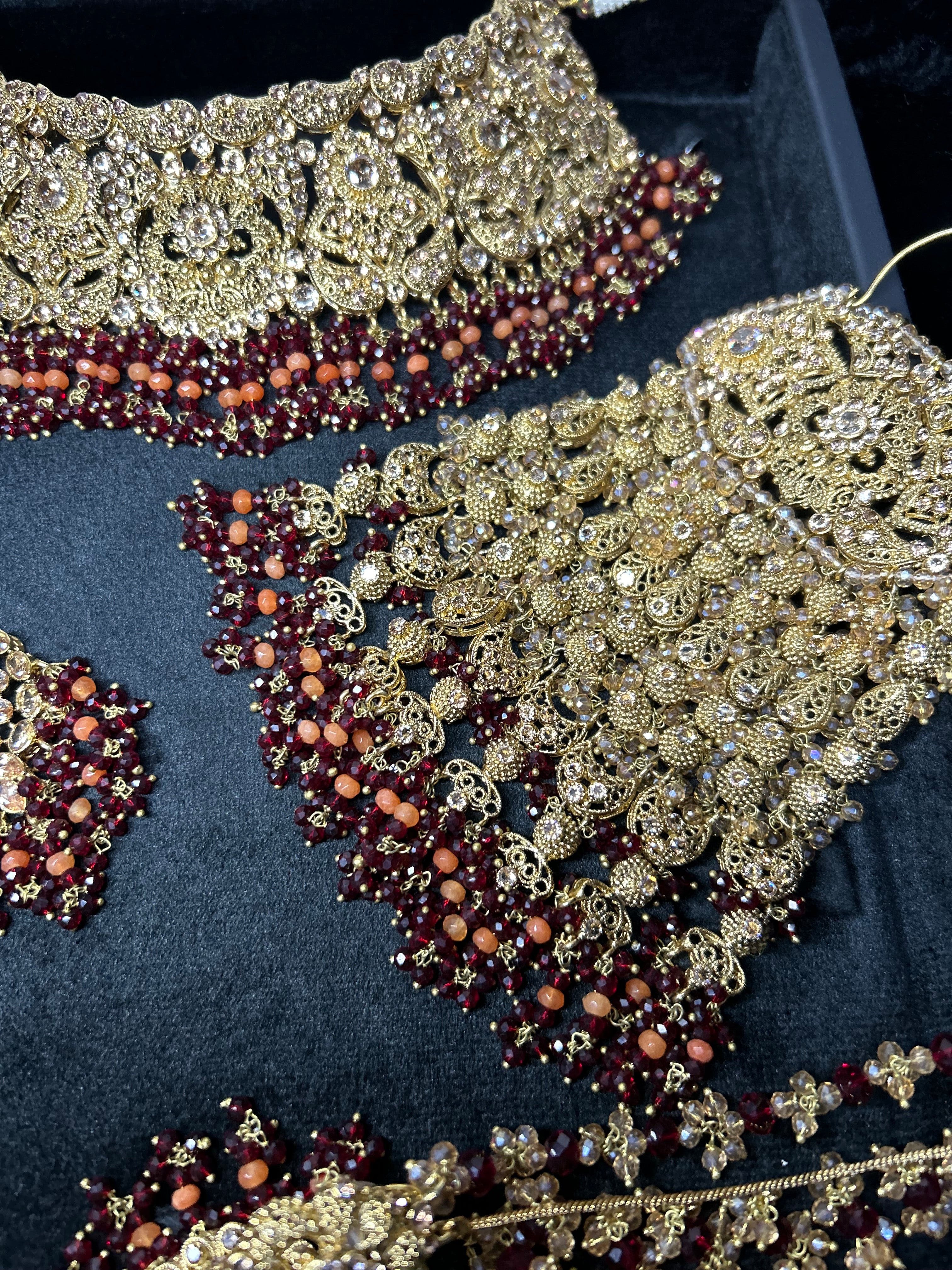 Pre order - 22 crt Gold Plated - Beautiful Maroon and Burnt Orange  Pakistani Bridal Jewellery Set