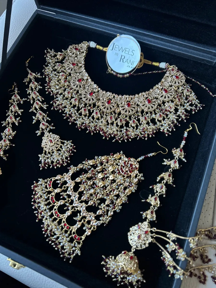 24 crt Gold Plated - Beautiful Maroon Pakistani Bridal Jewellery Set - Jewelsbyrani