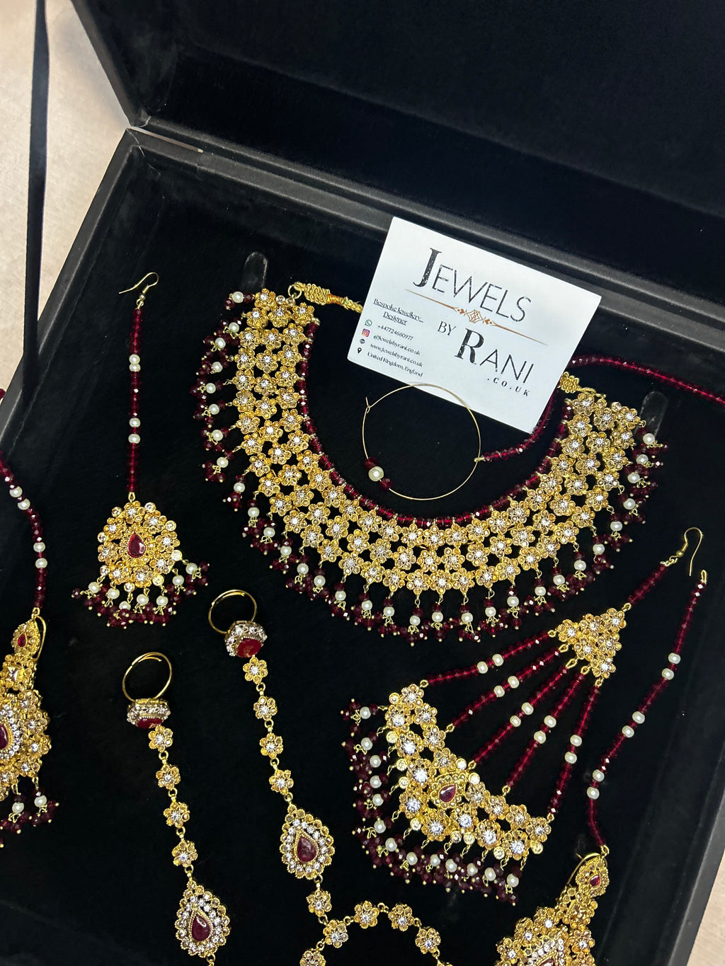Beautiful Maroon & White Pakistani Necklace Set Full Bridal Jewellery Set | Including 2 Hand Pieces | Style 7279