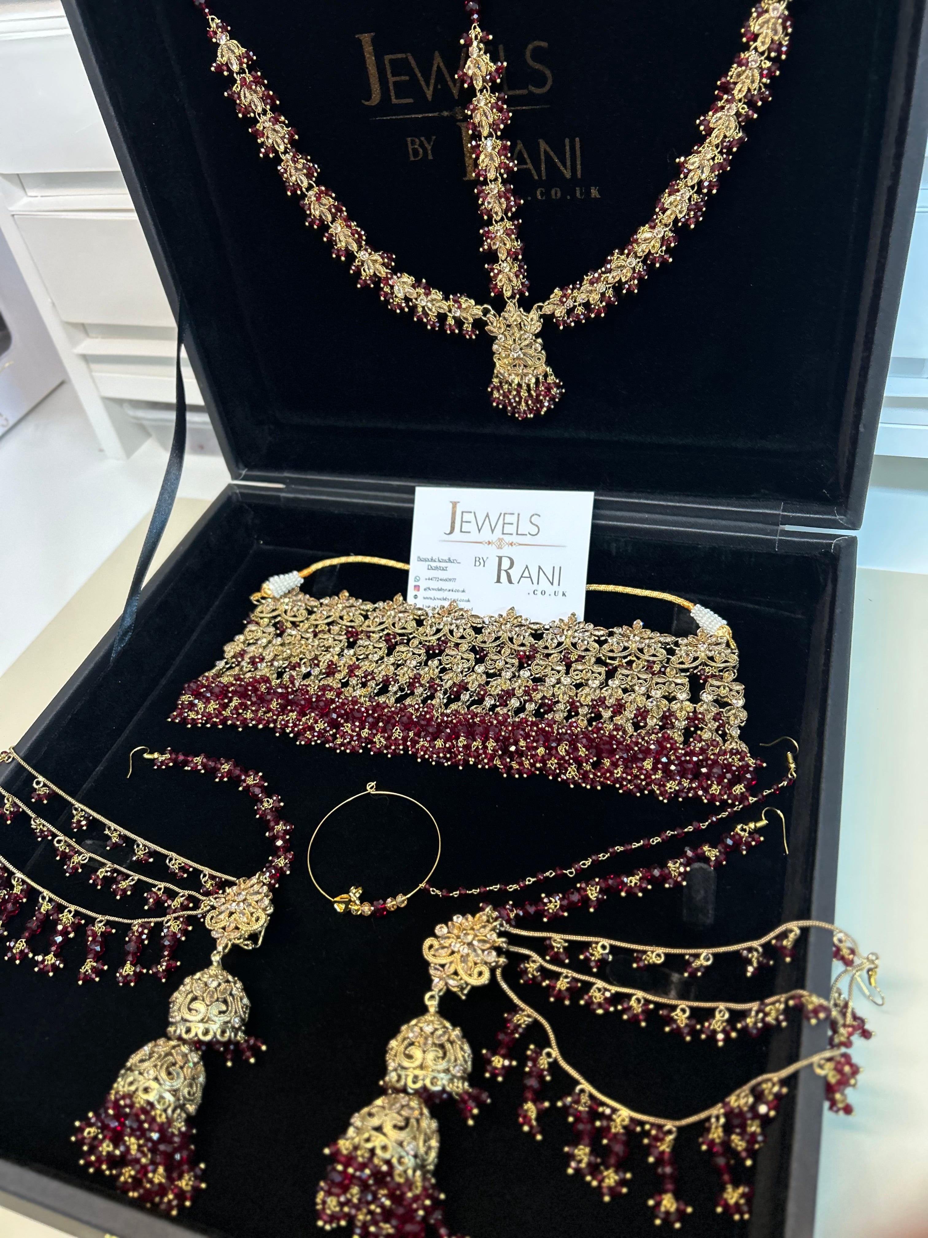 Pre Order 6 Weeks- 22crt Gold Plated Maroon Matha Patti Bridal Jewellery Set With Choker