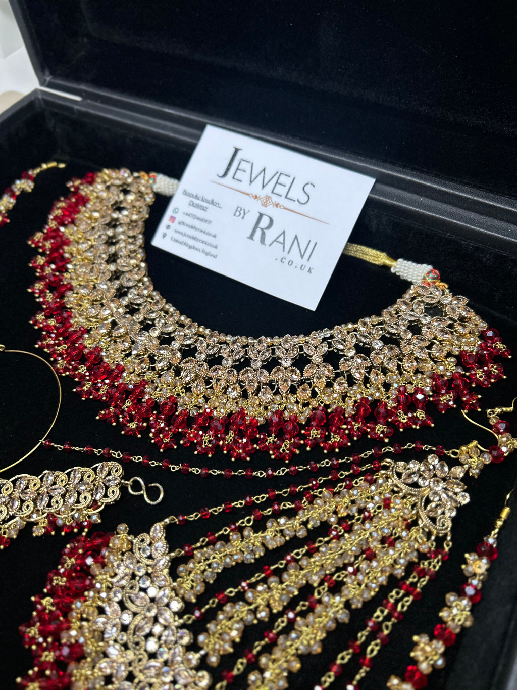 PRE ORDER: 6 Week Making time- Beautiful Deep Red & Gold 22 crt Gold Plated Bridal Jewellery Set + hand piece