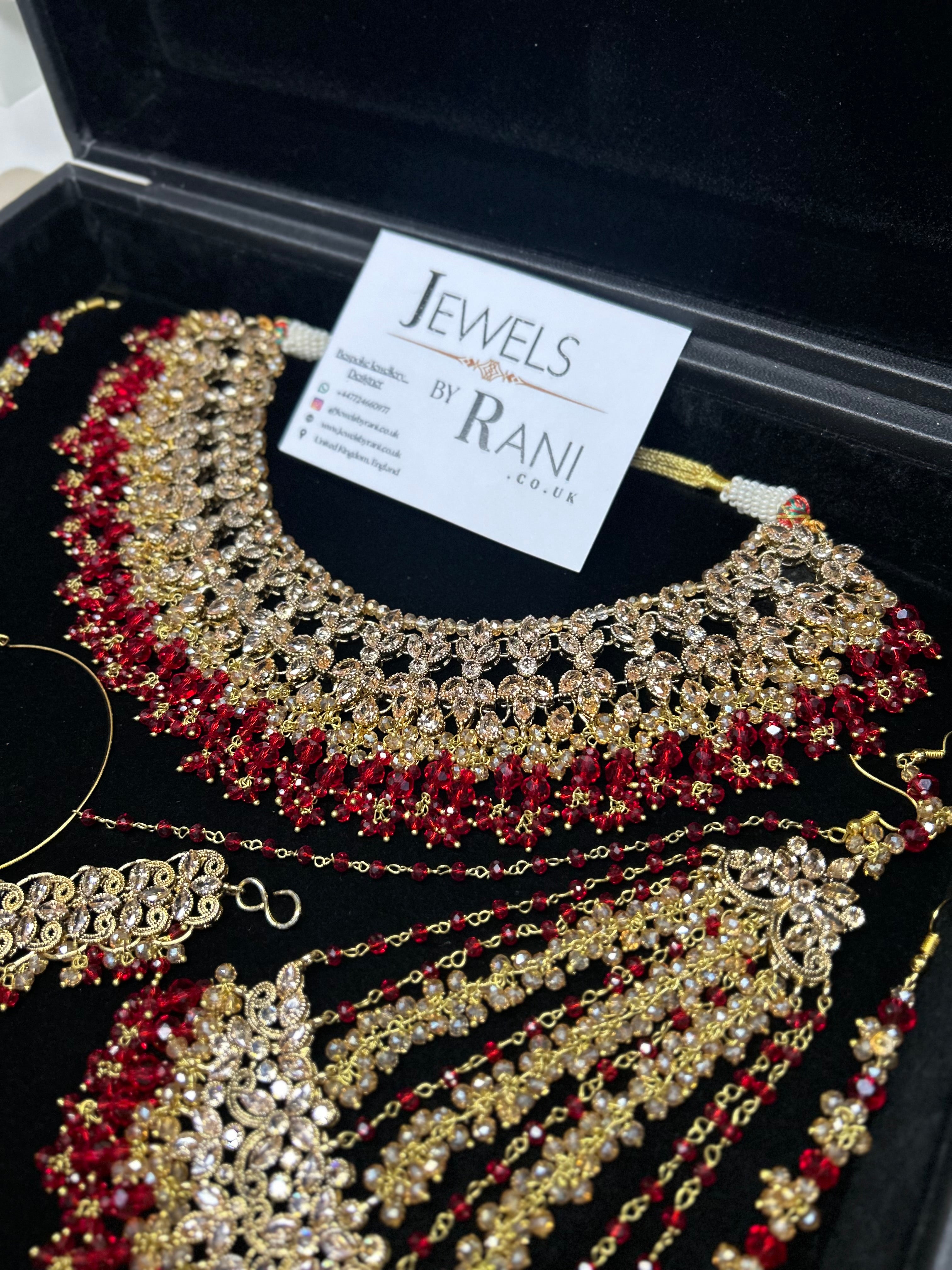 PRE ORDER: 6 Week Making time- Beautiful Deep Red & Gold 22 crt Gold Plated Bridal Jewellery Set + hand piece