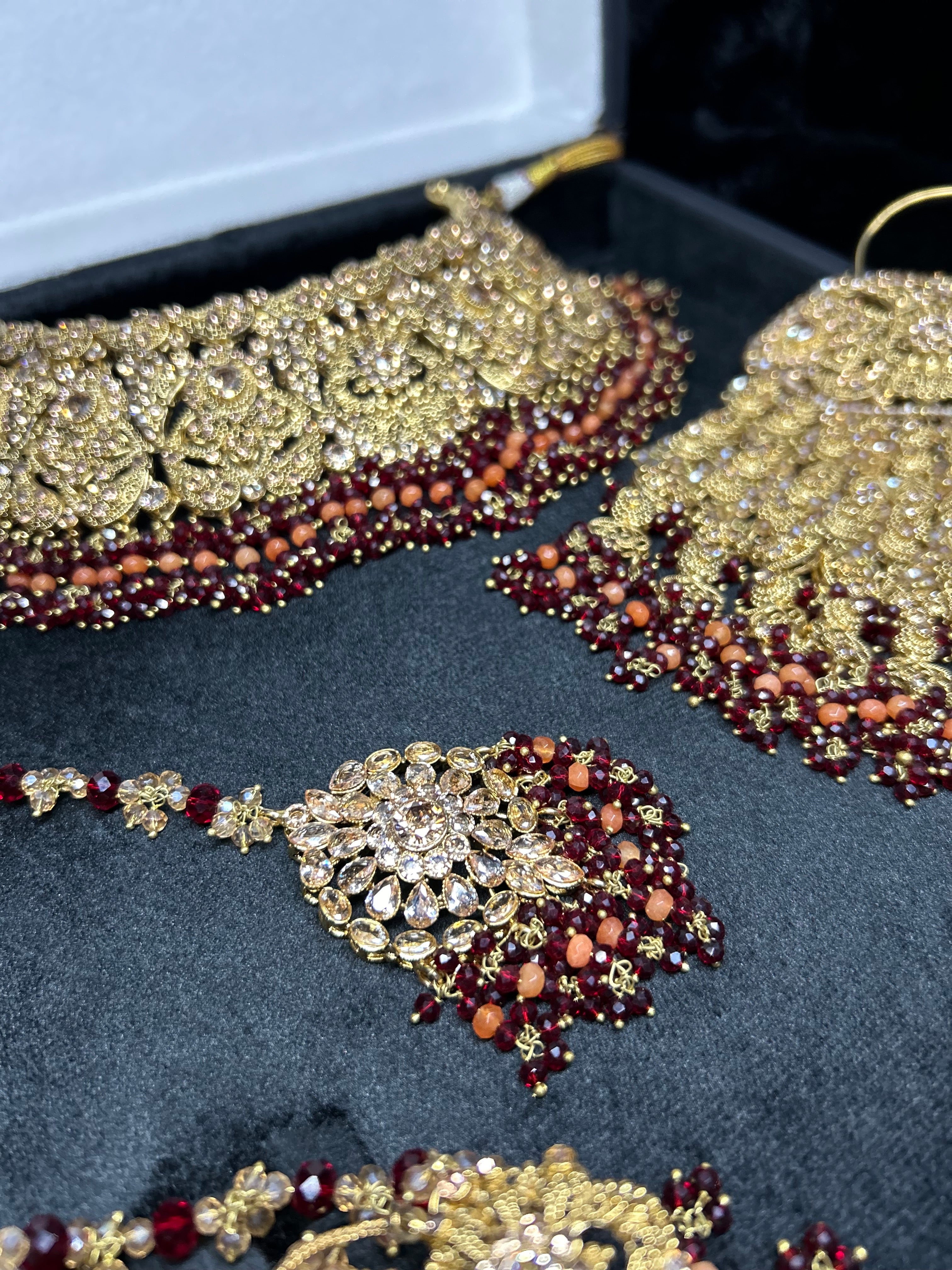 Pre order - 22 crt Gold Plated - Beautiful Maroon and Burnt Orange  Pakistani Bridal Jewellery Set