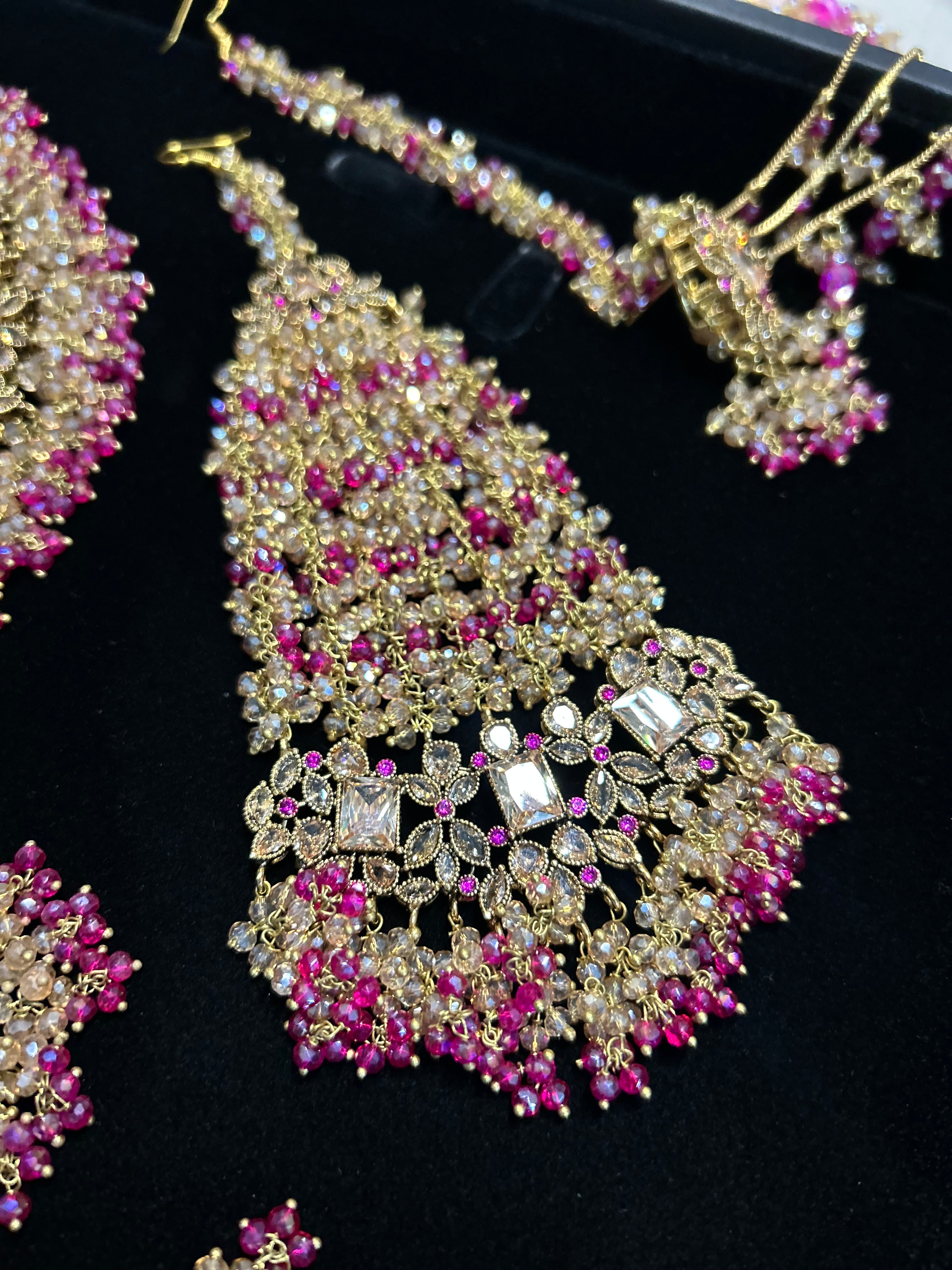 Beautiful Hot Pink and Gold Bridal Jewellery Set 22crt Gold Plated