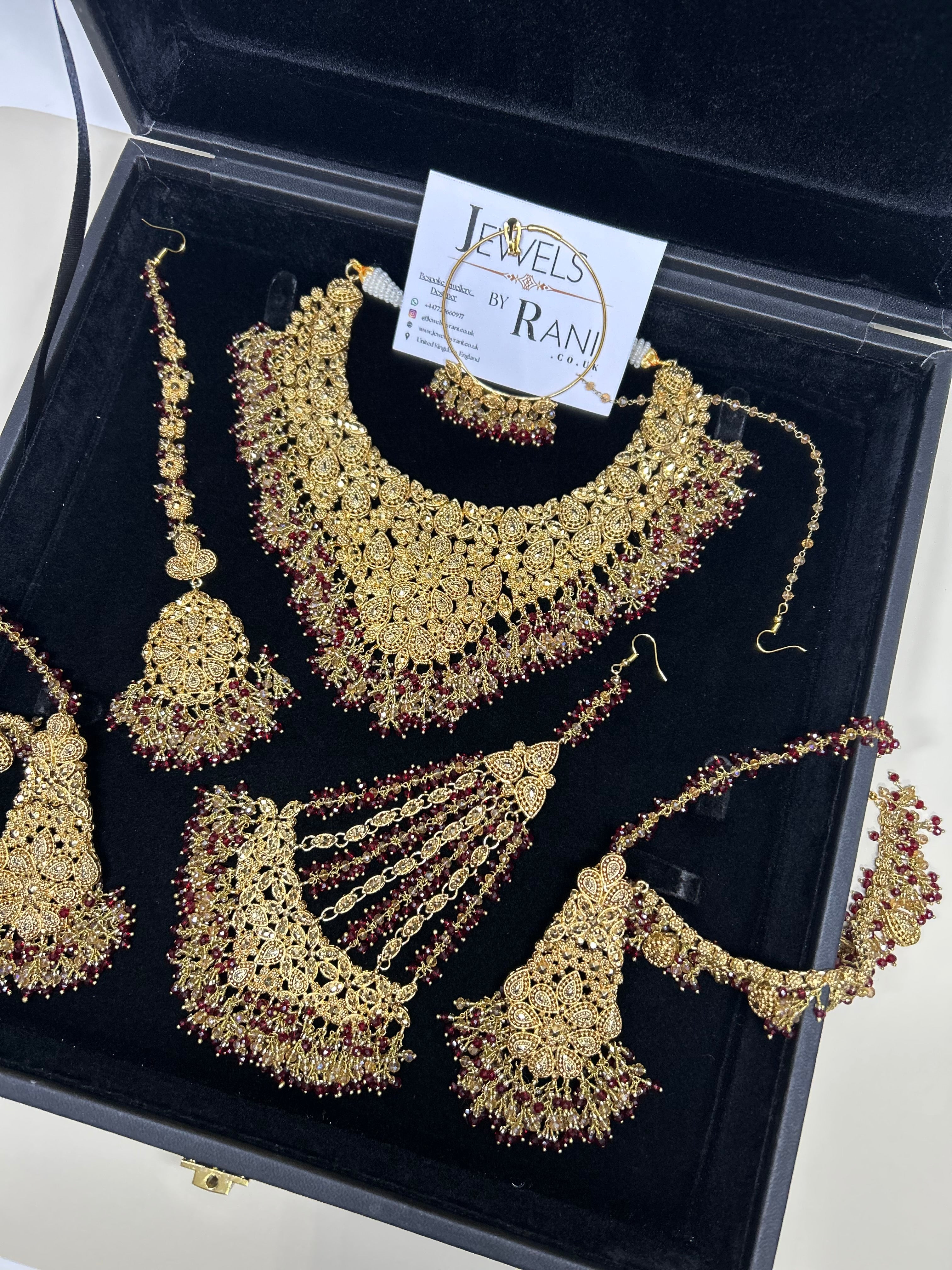 PRE ORDER: 6 Week Making time- Beautiful Maroon & Gold 22crt Gold Plated Bridal Jewellery Set (flat necklace)