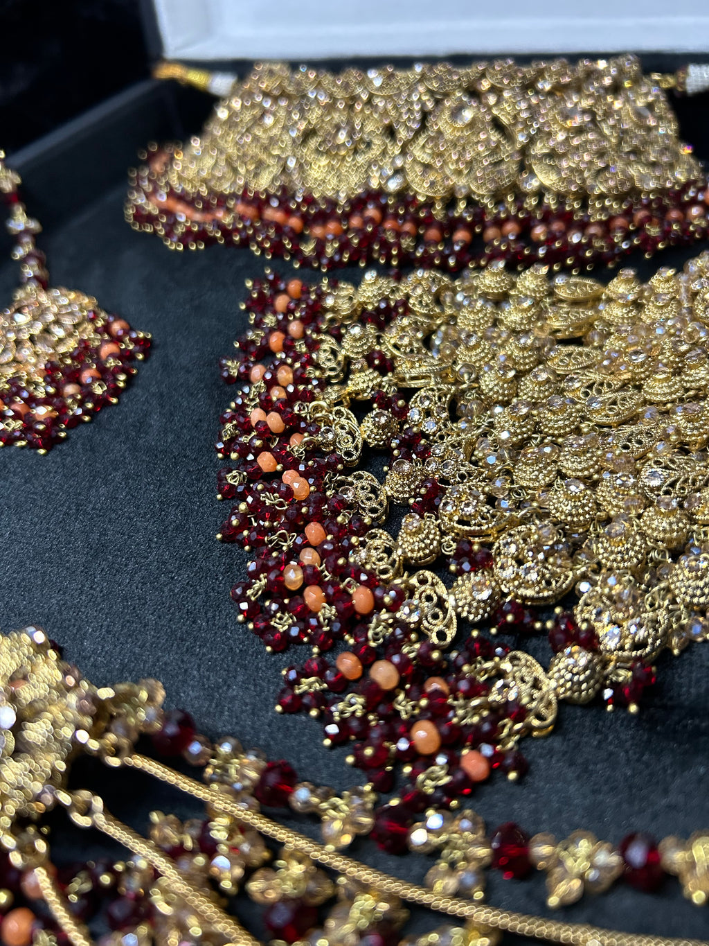 Pre order - 22 crt Gold Plated - Beautiful Maroon and Burnt Orange  Pakistani Bridal Jewellery Set