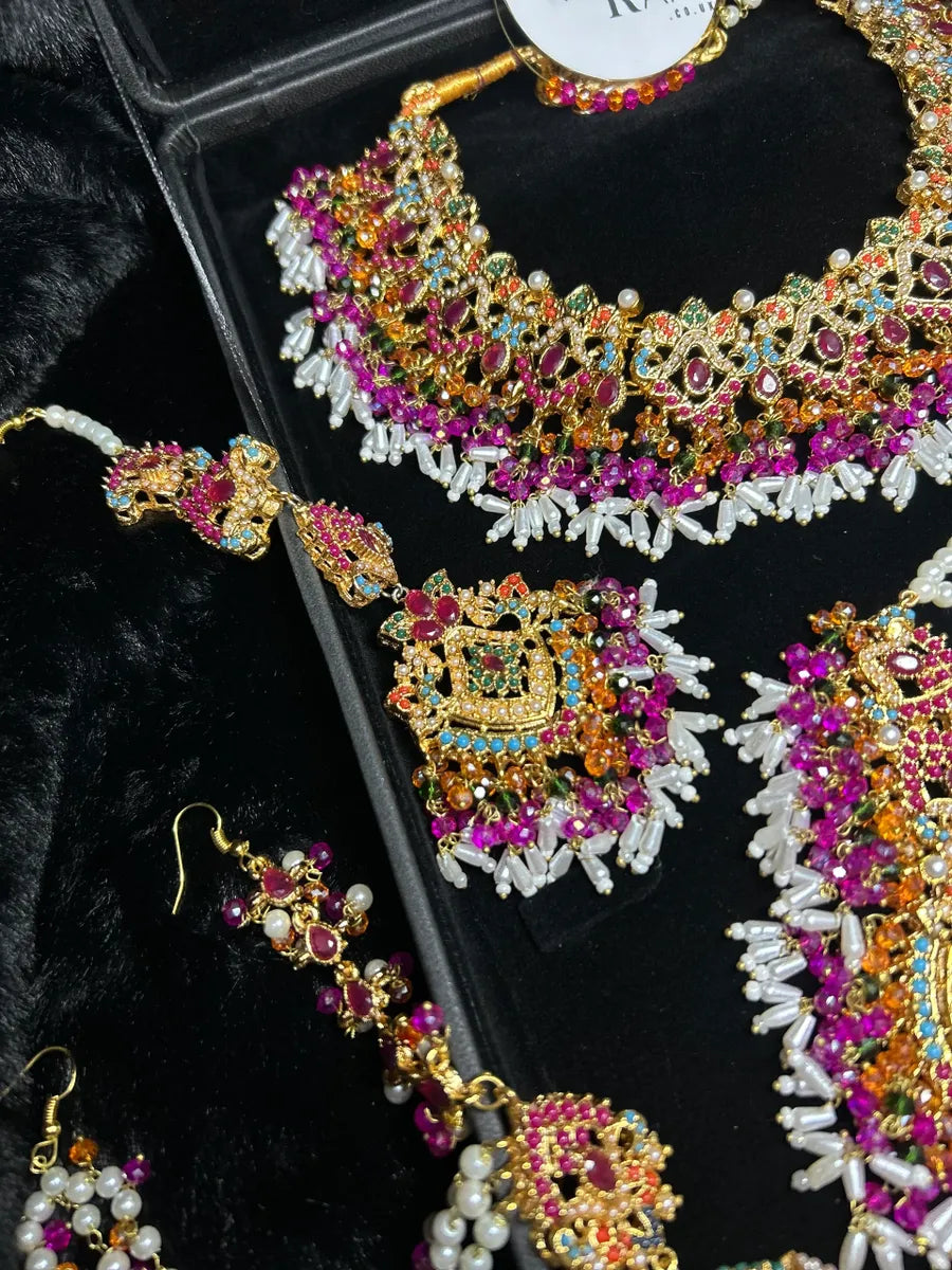 New Multi coloured Necklace set, with heavily beaded Jhumkies & tikka |Dark Pink Stones - Jewelsbyrani