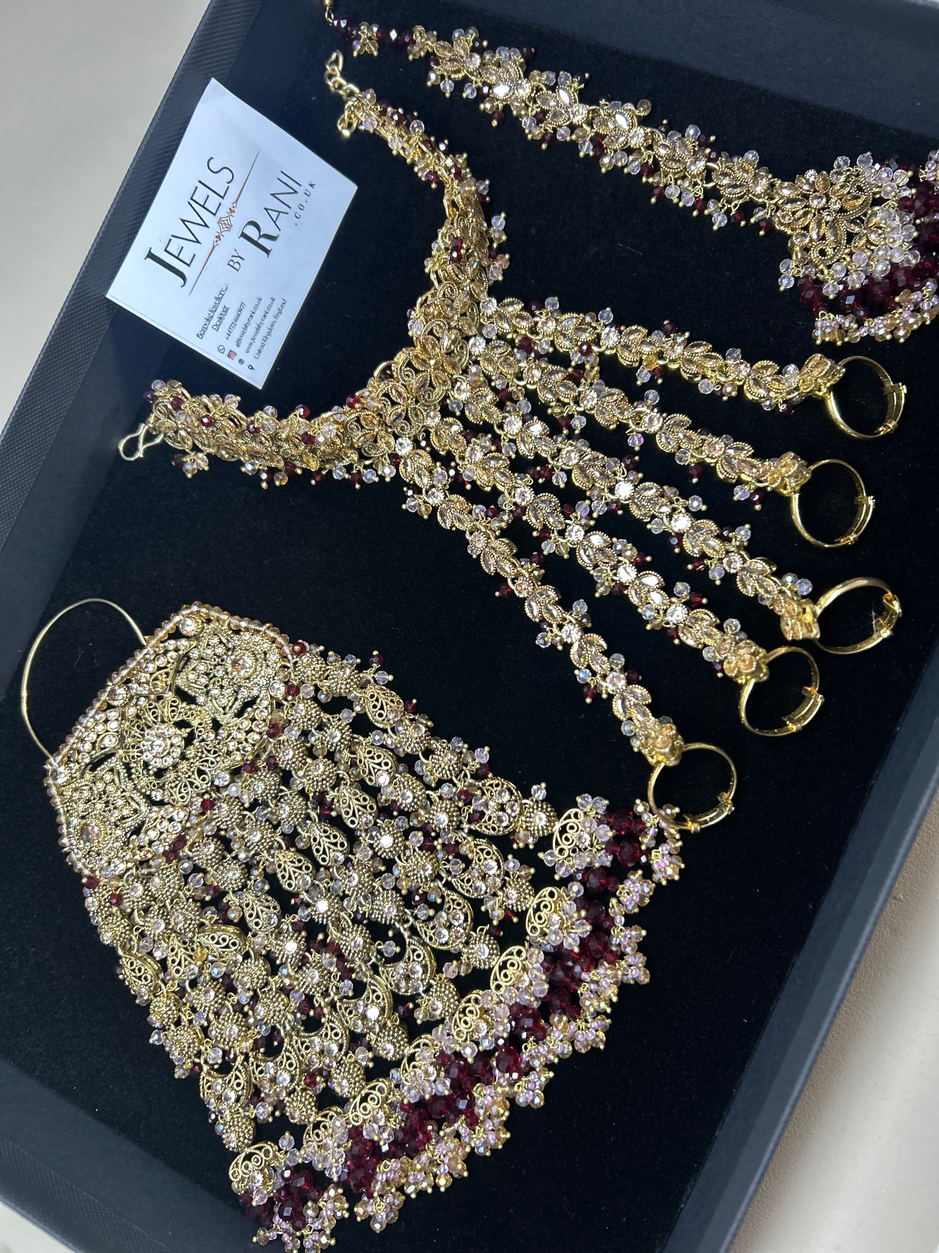 Pre Order 6 Weeks: 22crt Gold Plated Hand Piece, Jhumar & Tikka