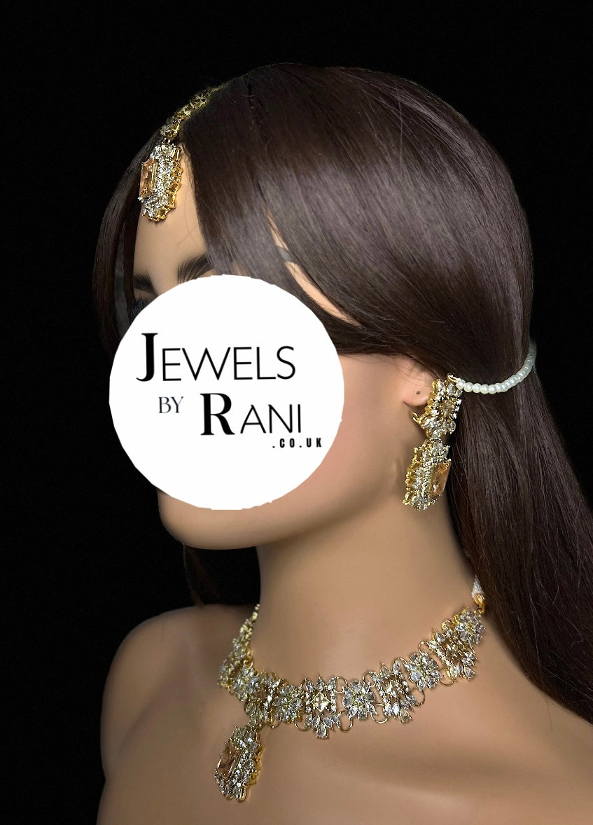 Pre Order 6 Weeks - Beautiful Champagne / Gold Stoned Bridal Jewellery Set Gold Plated