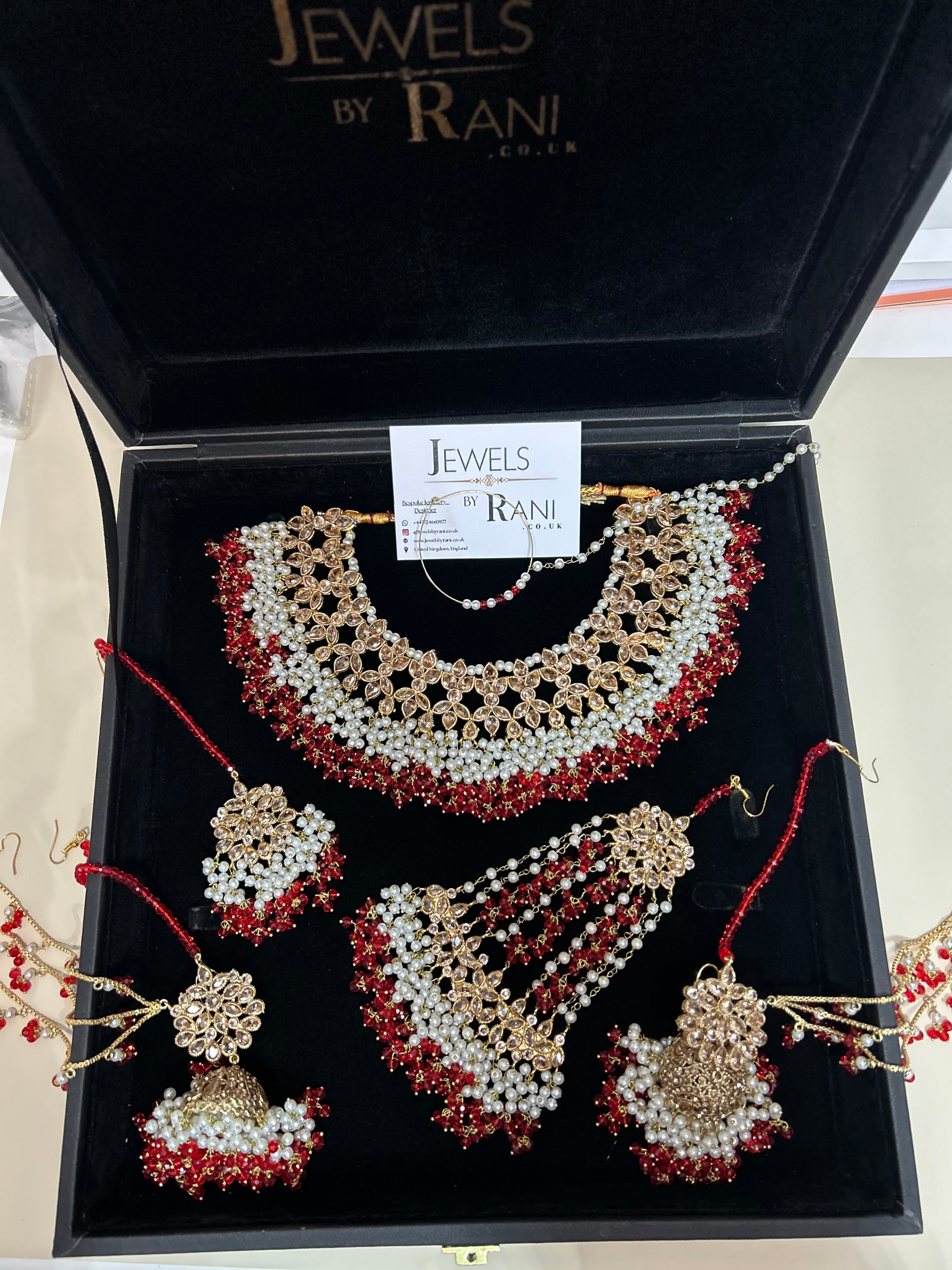 Red & White Necklace set, with heavily beaded Earrings & tikka