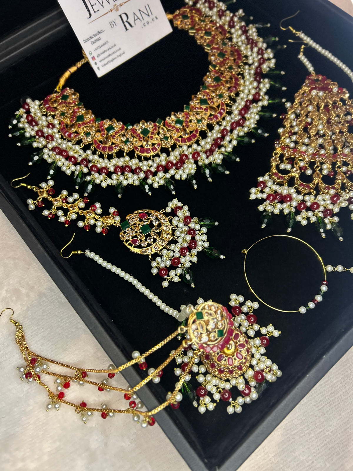 Beautiful Dark Red, Green Drop Crystal and White Kundan Full Bridal Jewellery Set/ Style 17304