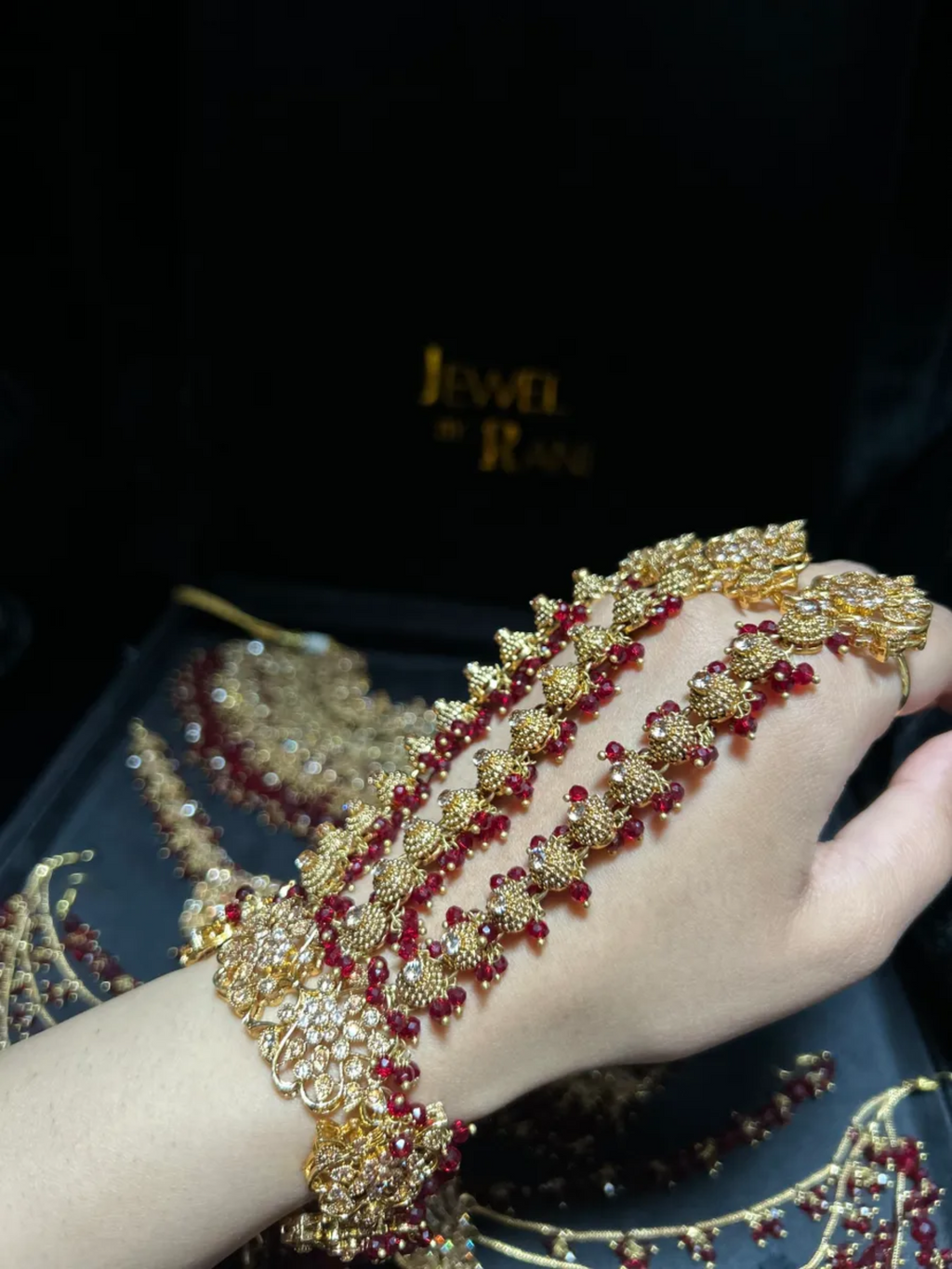 Pre Order 6 Weeks - 24crt Gold Plated Maroon Bridal Hand Piece ONLY |Angla - Jewelsbyrani