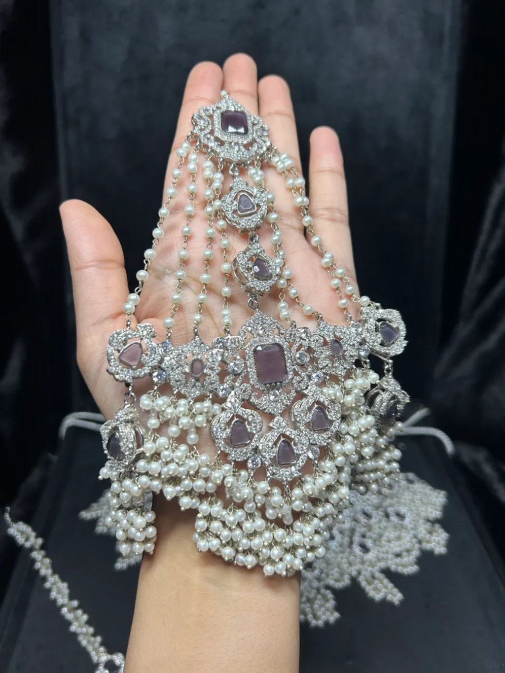Pre Order 6 Week: Elegant Purple and Silver Double Choker Necklace Set / Bridal Jewellery Set - Jewelsbyrani