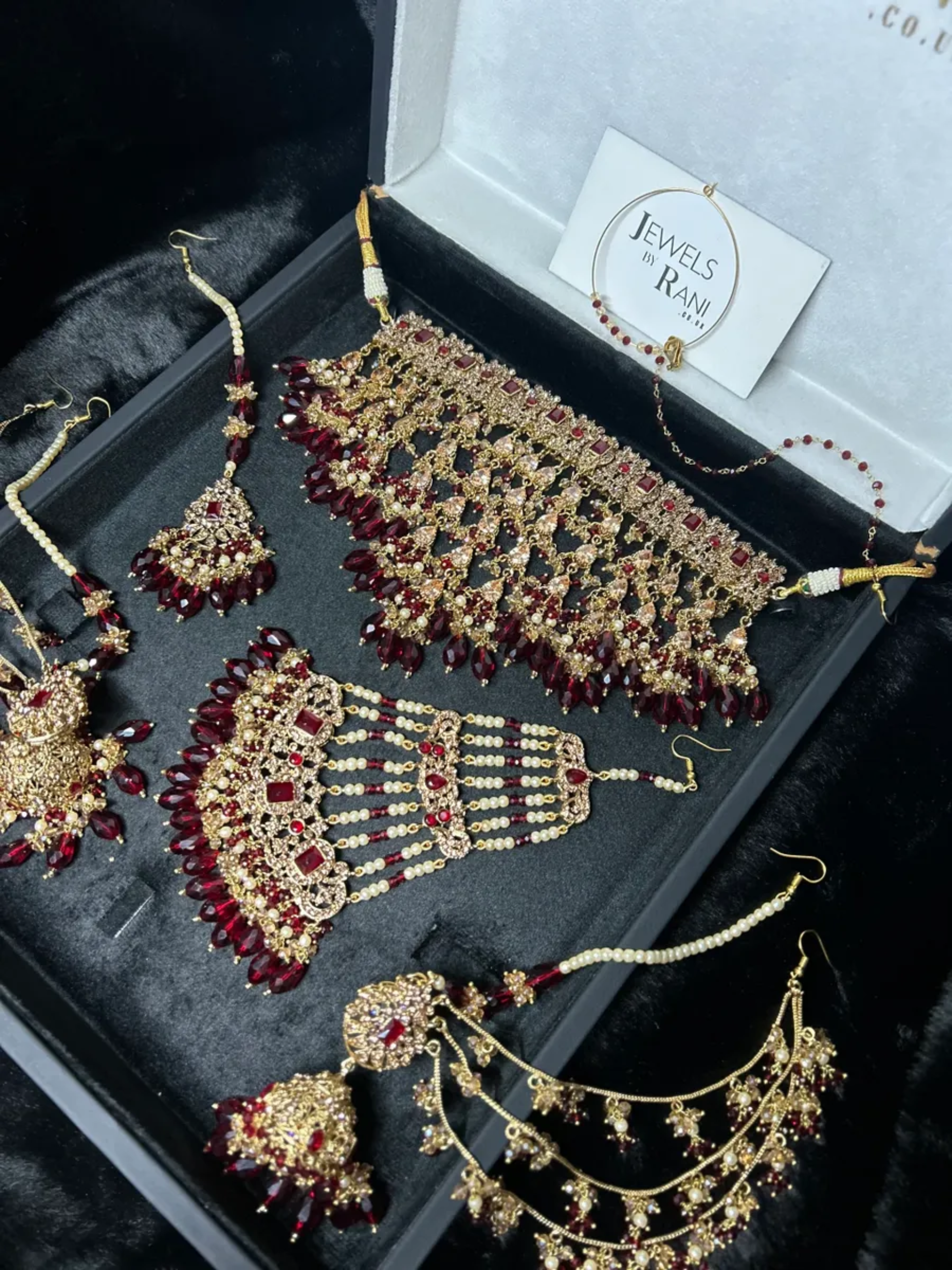 Pre Order 6 Week: Trending Dangled Crystal Deep Red 24 crt Gold Plated Bridal Jewellery Set