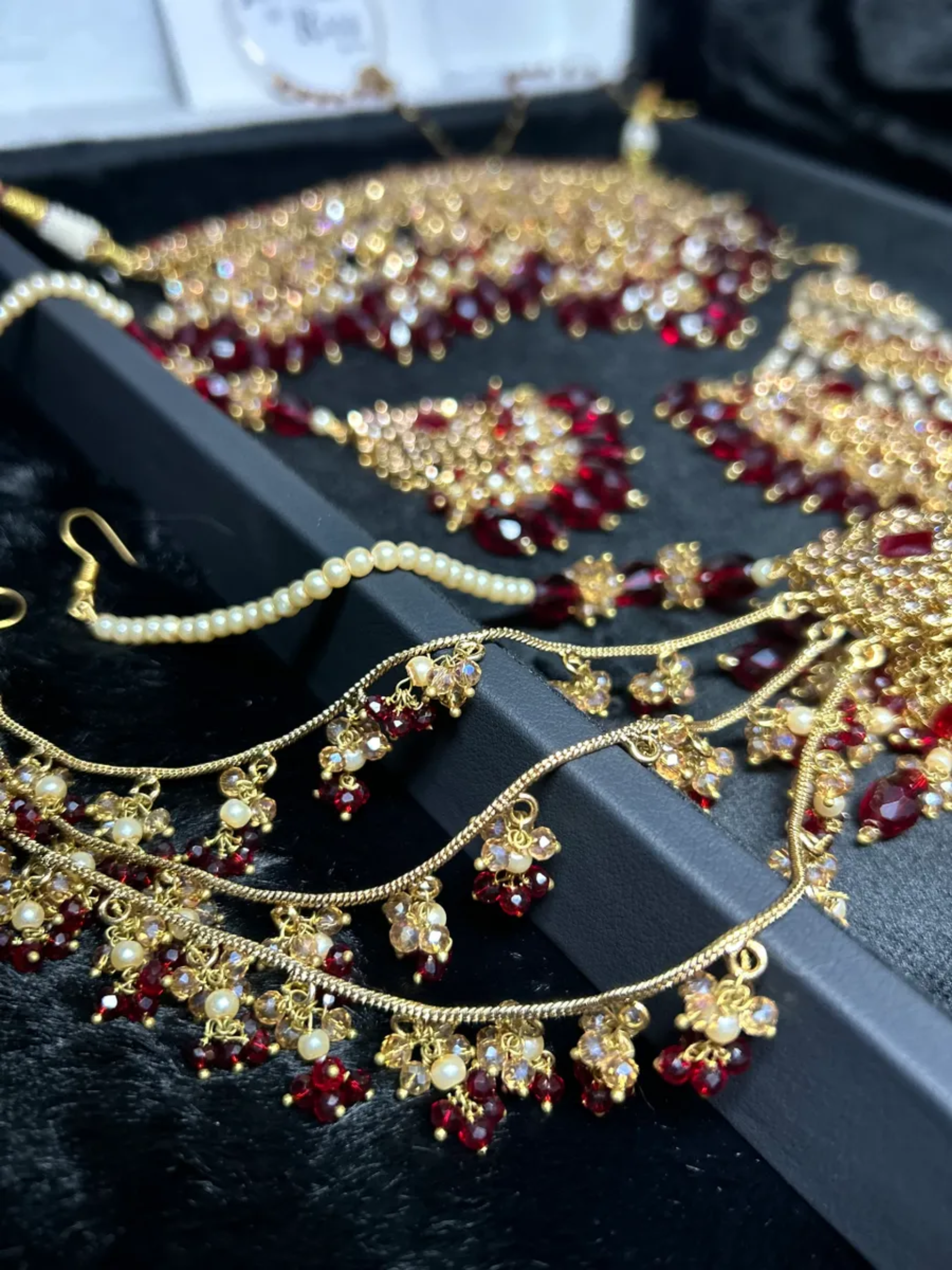 Pre Order 6 Week: Trending Dangled Crystal Deep Red 24 crt Gold Plated Bridal Jewellery Set