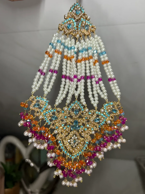 Blue, Orange, Hot pink & White Multi Coloured heavily beaded jhumar - Jewelsbyrani