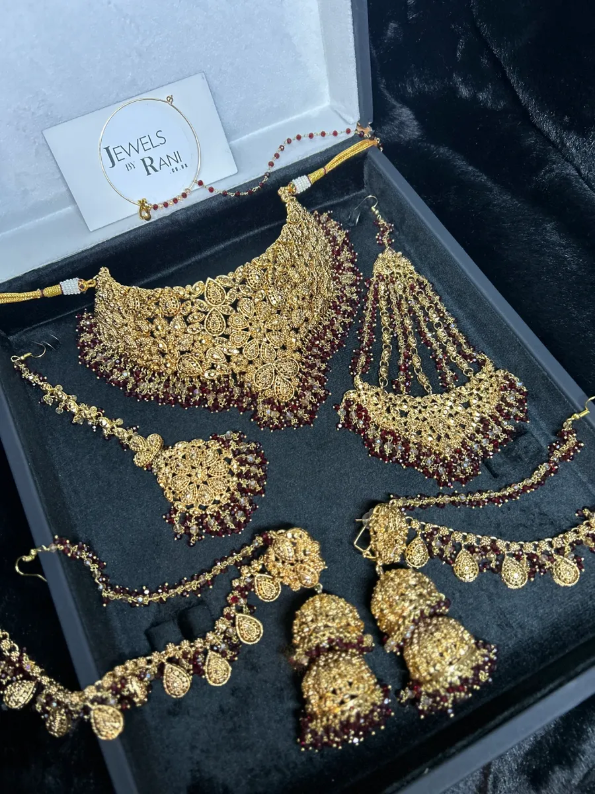 Pre Order 6 Weeks - Double Jhumkies Maroon & Gold 24 crt Gold Plated Bridal Jewellery Set