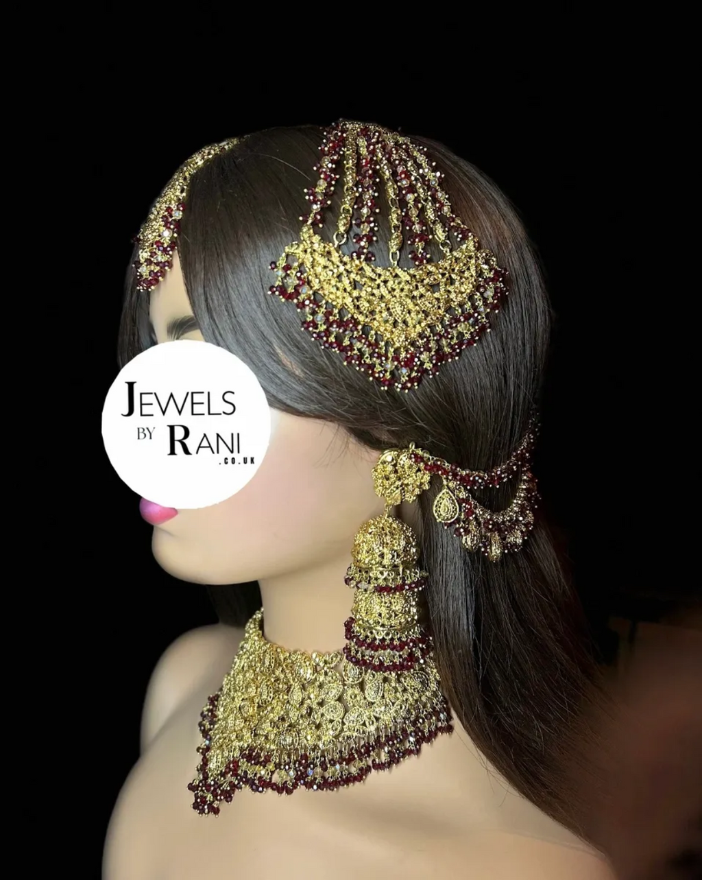 Pre Order 6 Weeks - Double Jhumkies Maroon & Gold 24 crt Gold Plated Bridal Jewellery Set - Jewelsbyrani