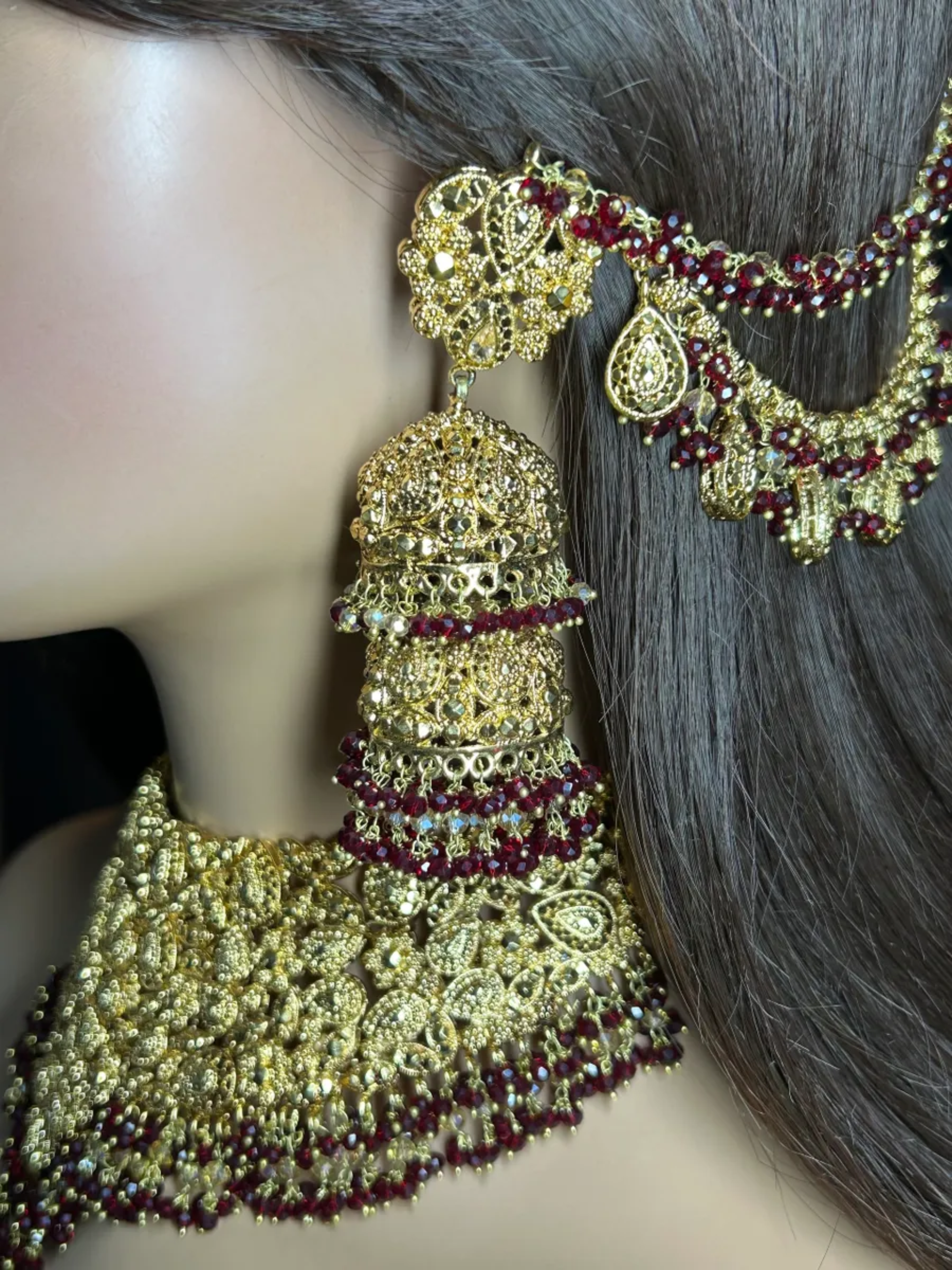 Pre Order 6 Weeks - Double Jhumkies Maroon & Gold 24 crt Gold Plated Bridal Jewellery Set