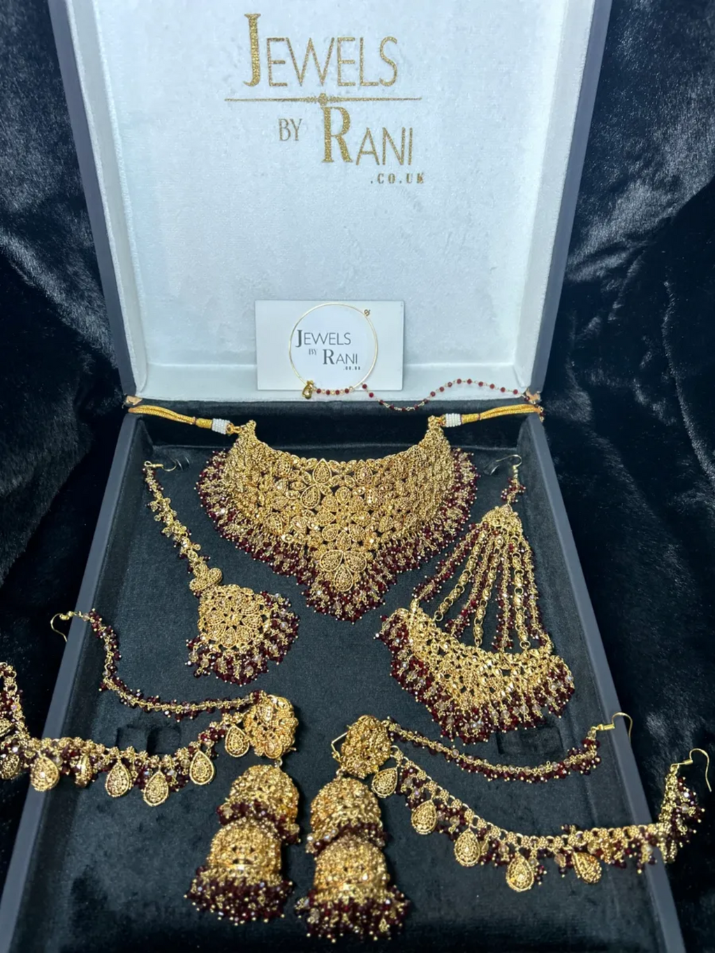 Pre Order 6 Weeks - Double Jhumkies Maroon & Gold 24 crt Gold Plated Bridal Jewellery Set - Jewelsbyrani