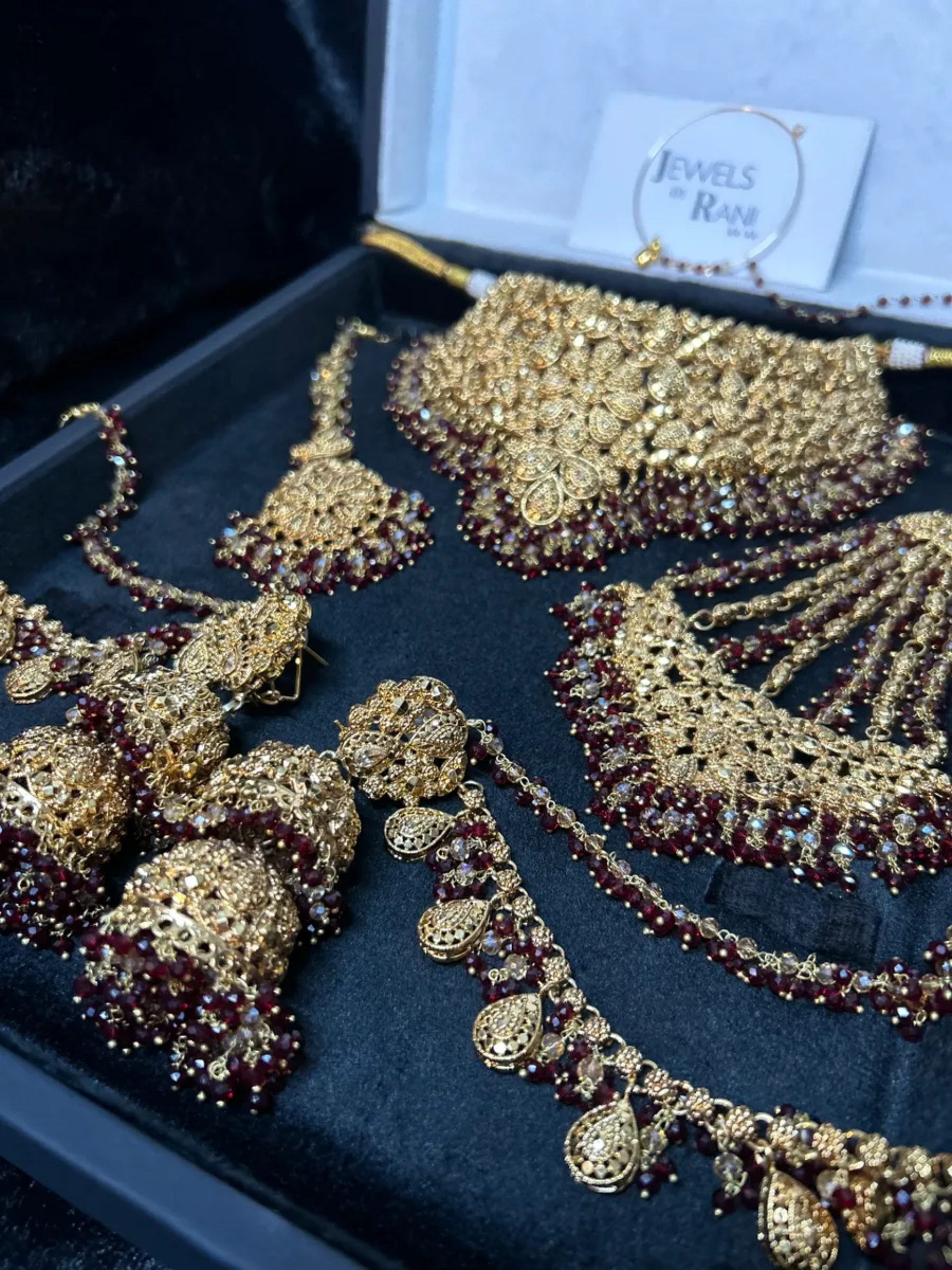 Pre Order 6 Weeks - Double Jhumkies Maroon & Gold 24 crt Gold Plated Bridal Jewellery Set