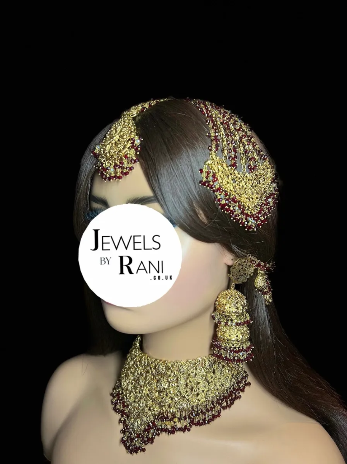 Pre Order 6 Weeks - Double Jhumkies Maroon & Gold 24 crt Gold Plated Bridal Jewellery Set