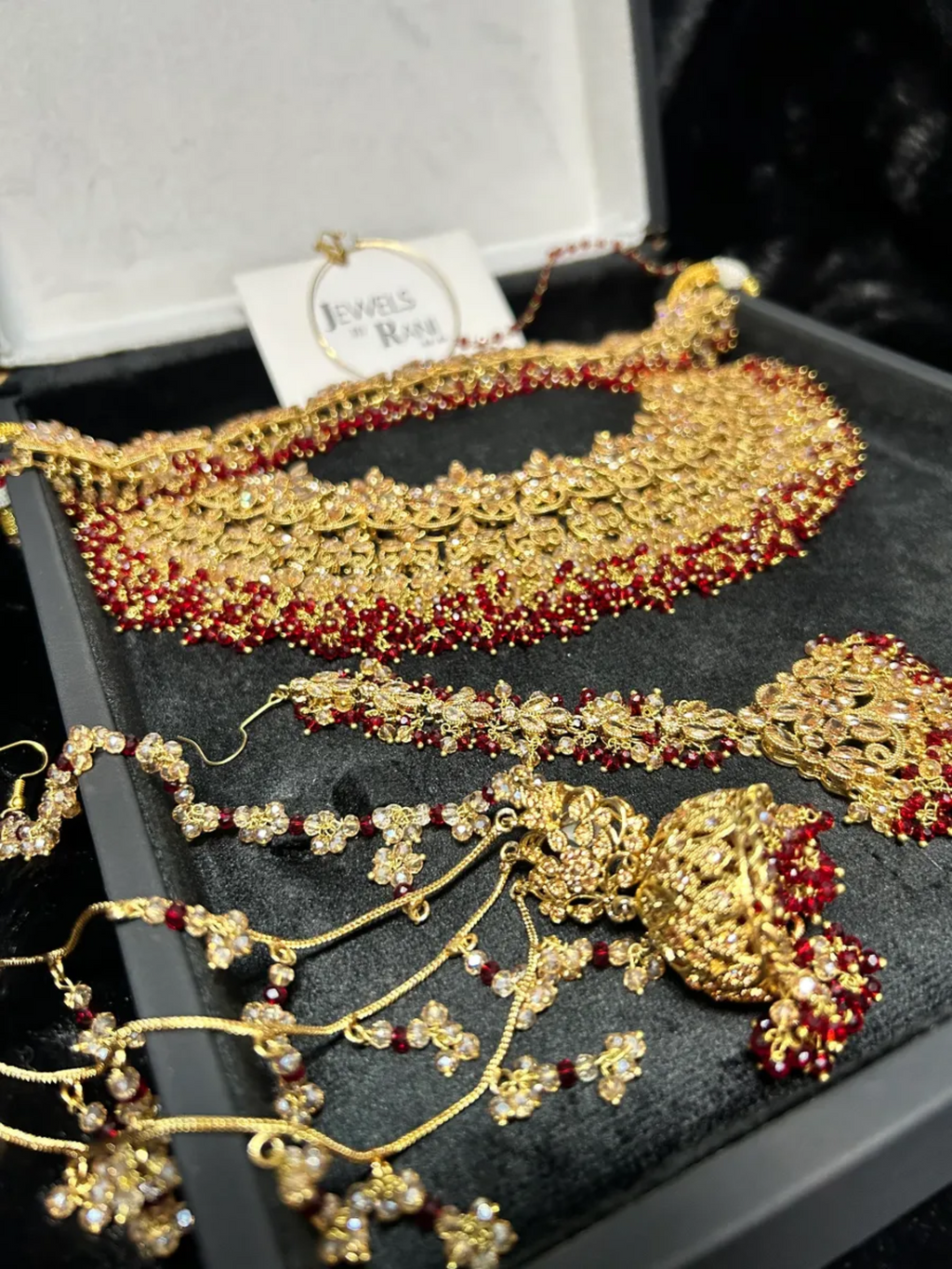 Pre Order: 6 Weeks - Gold & Deep Red set, with heavily beaded earrings & tikka. - Jewelsbyrani