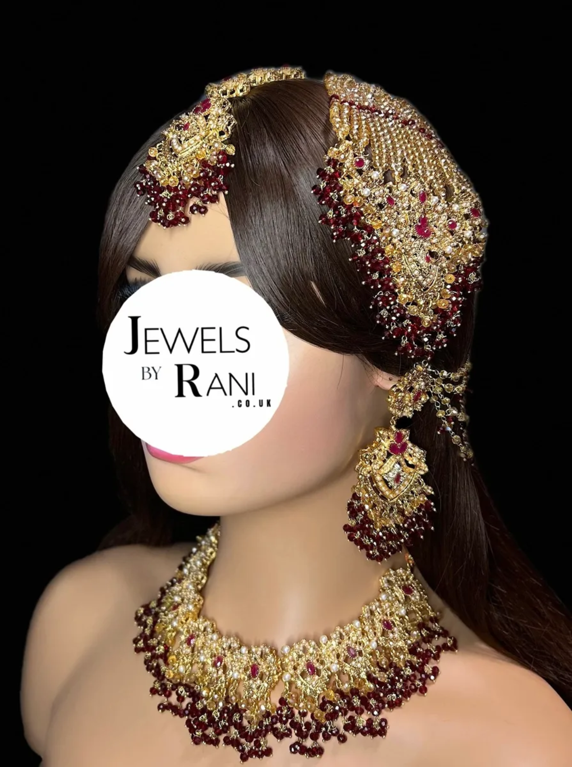 Beautiful Gold & Maroon Pakistani Bridal set, with heavily beaded earrings & tikka. - Jewelsbyrani