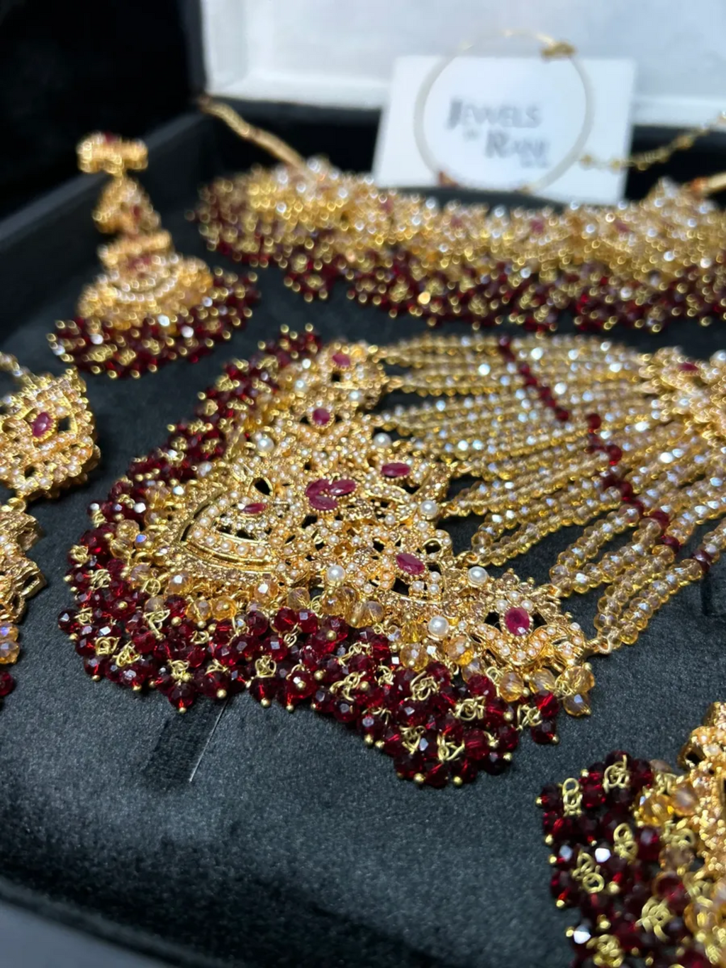 Beautiful Gold & Maroon Pakistani Bridal set, with heavily beaded earrings & tikka. - Jewelsbyrani